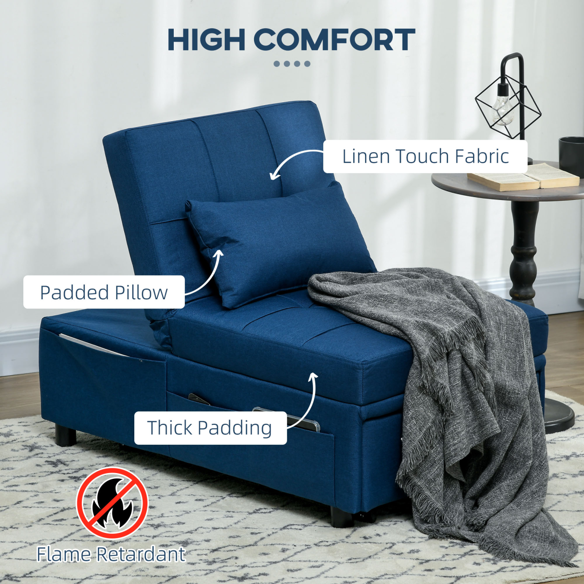 HOMCOM Folding Single Sofa Bed with Adjustable Backrest & Pillow – Space-Saving Guest Bed, Blue