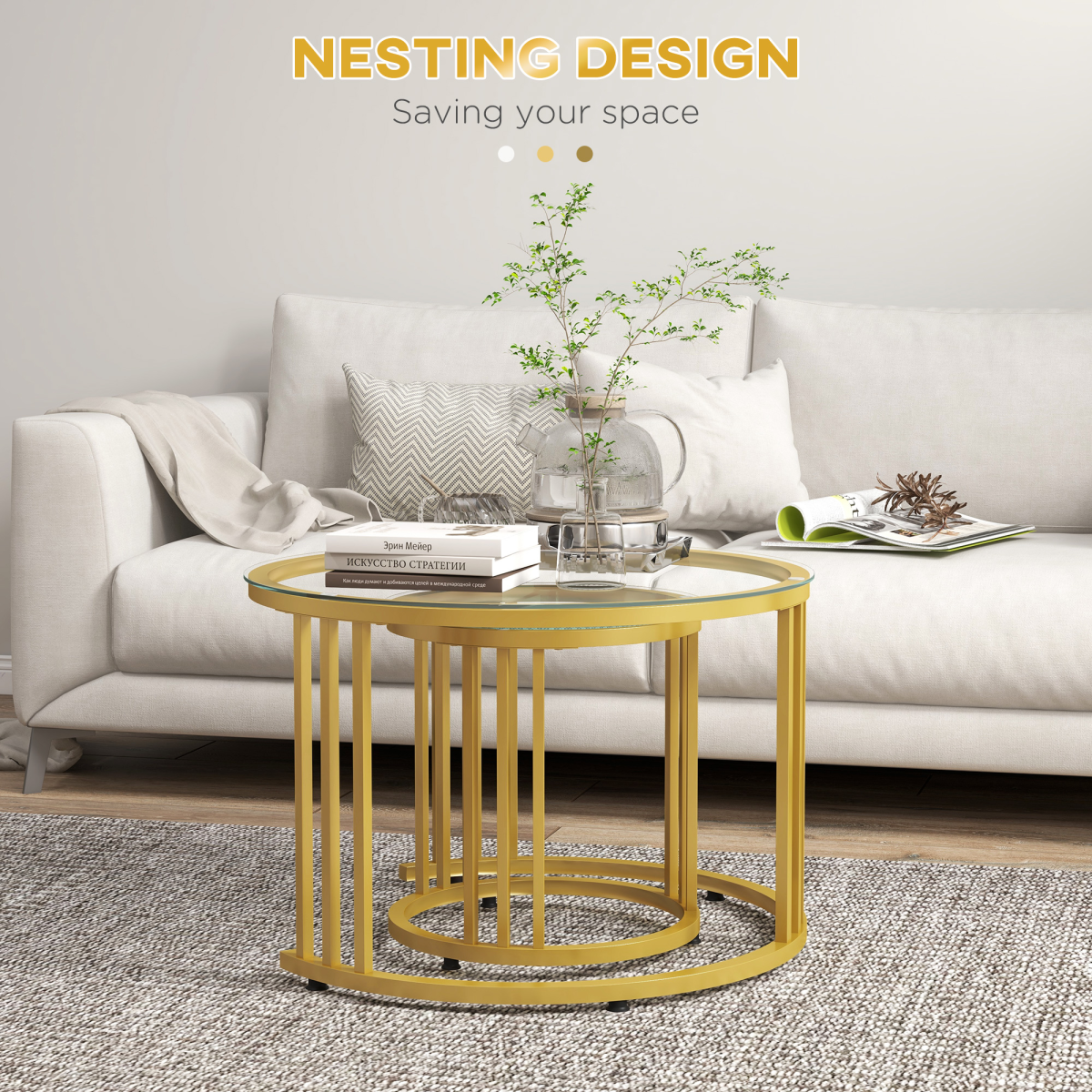 HOMCOM Set of 2 Round Nesting Coffee Tables with Tempered Glass Tops – Space-Saving Gold Tone Side Tables