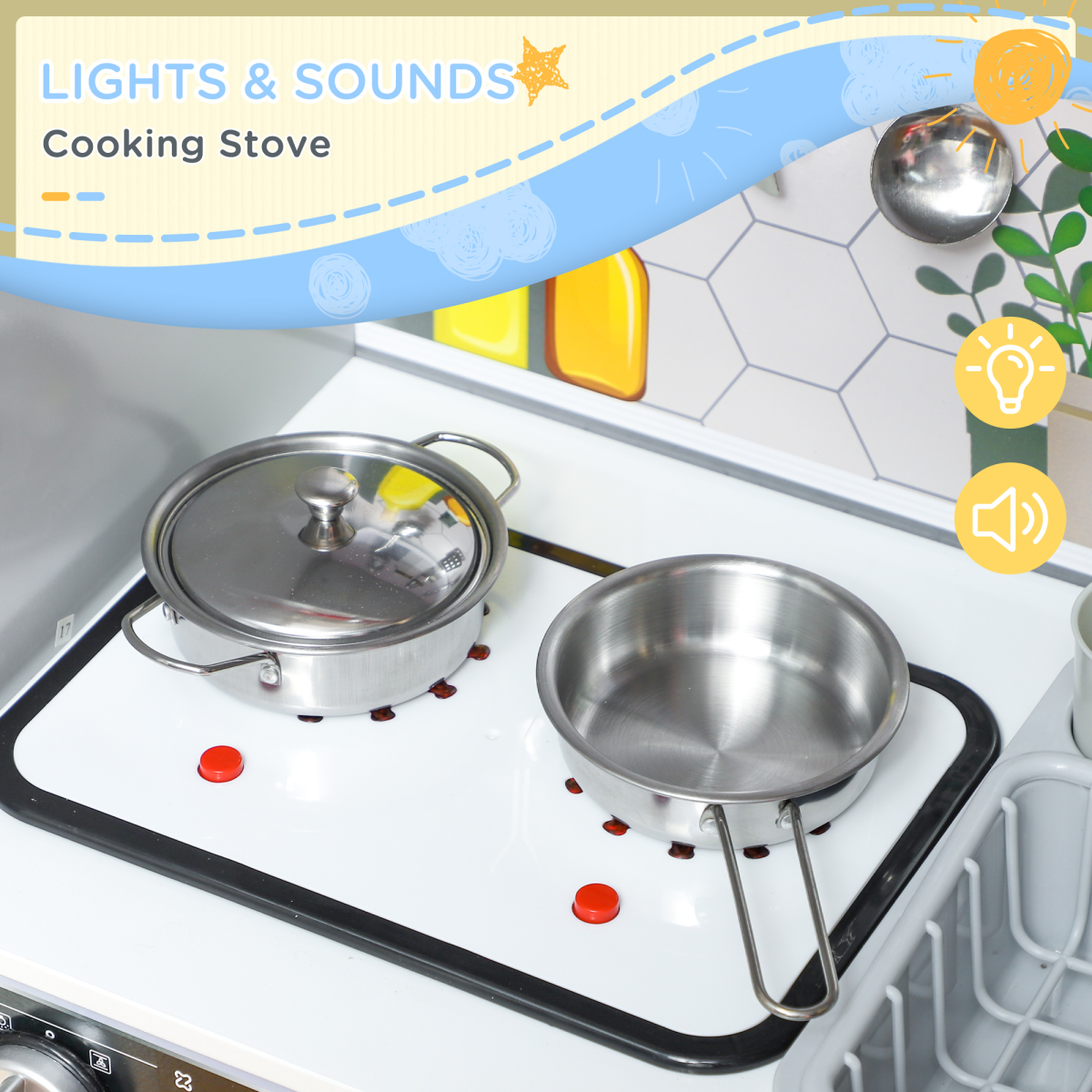 AIYAPLAY Play Kitchen with Lights, Sounds, Microwave, Fridge and Coffee Maker – Pretend Toy Kitchen, White