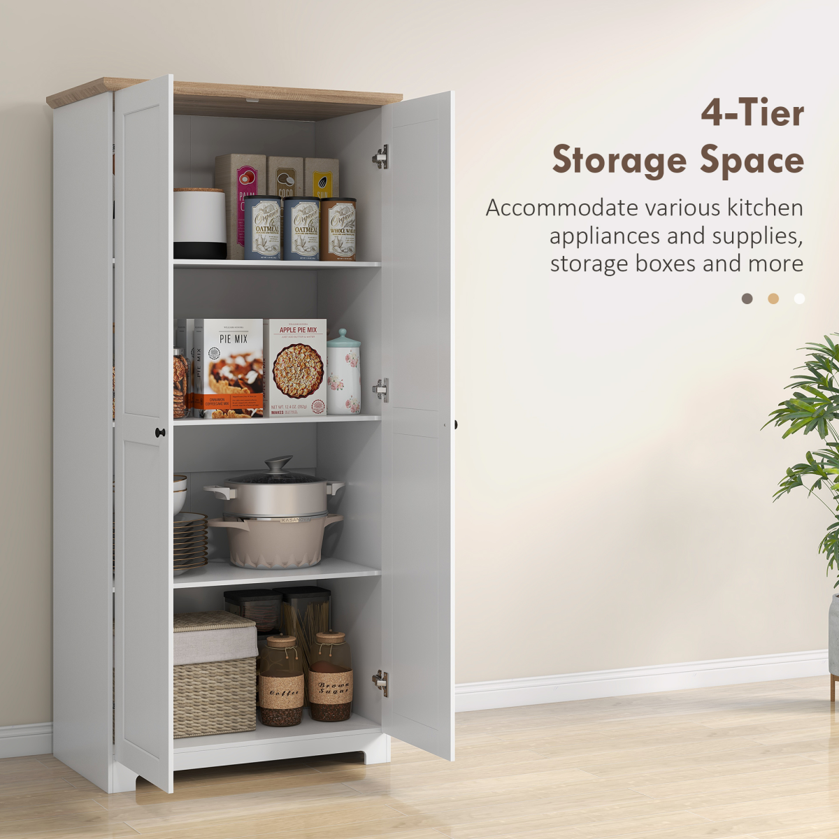 Wooden Storage Cabinet with 2 Doors & 4 Shelves – 172cm Kitchen Pantry Cupboard, White