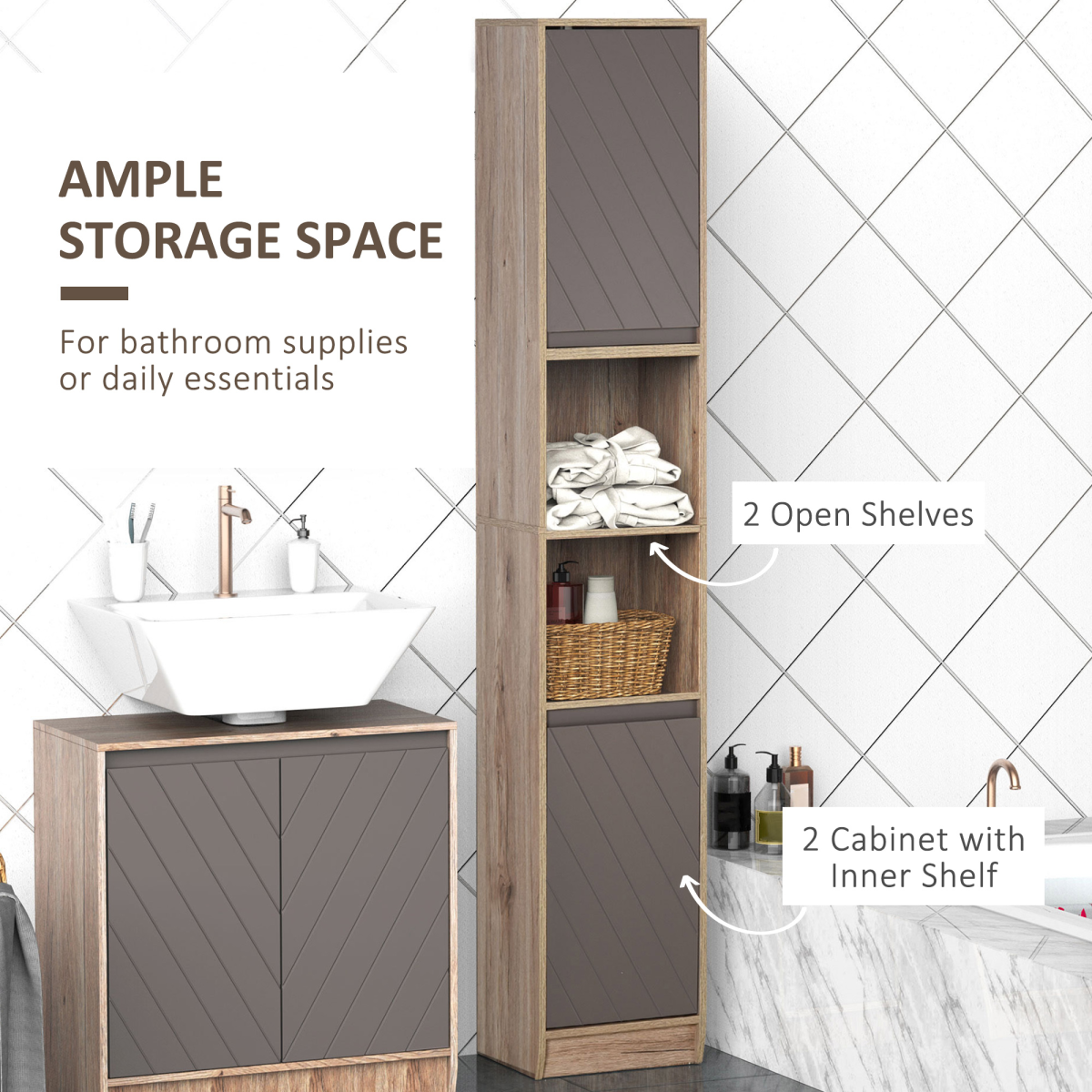 170cm Freestanding Slimline Storage Cabinet with 2 Cupboards and 2 Compartments – Anti-Tip Straps