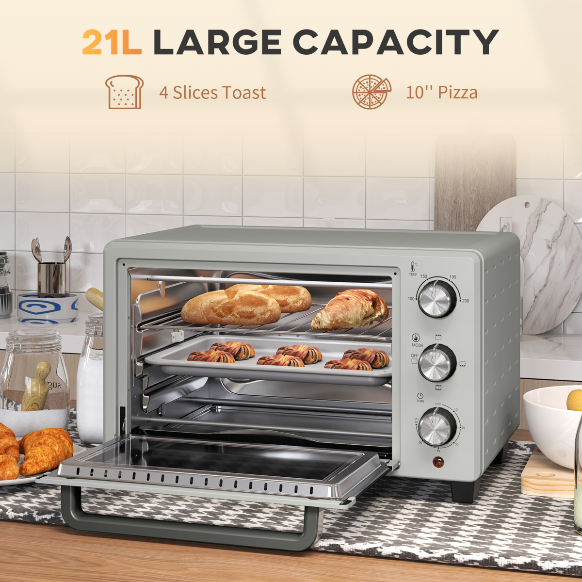 HOMCOM 21L Mini Oven with 1400W Electric Grill, Adjustable Temperature & 60-Minute Timer – Compact Kitchen Oven, Silver