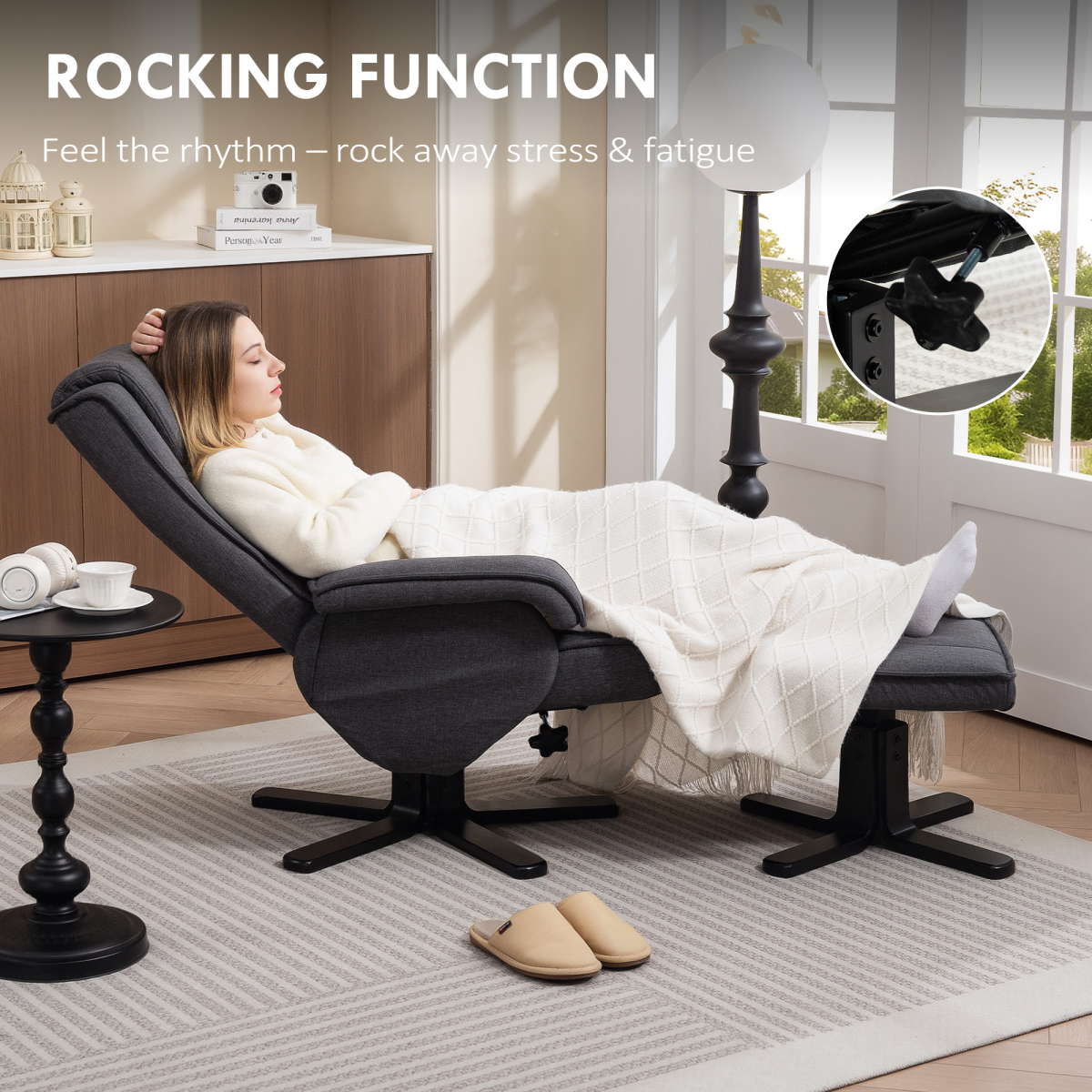 HOMCOM Rocker Swivel Recliner Chair with Footstool, 135° Stepless Recline – Linen-Feel Armchair, Charcoal Grey