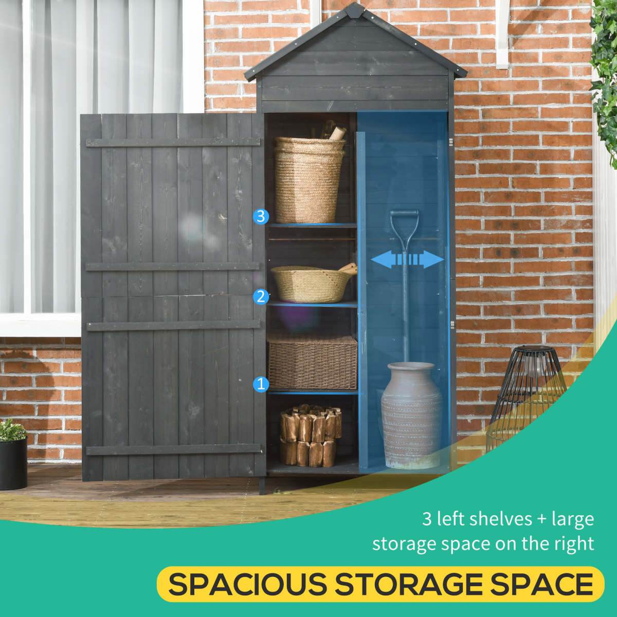 Outsunny Wooden Garden Shed with Three Shelves, Double Doors & Lock – Outdoor Tool Storage Cabinet, Grey