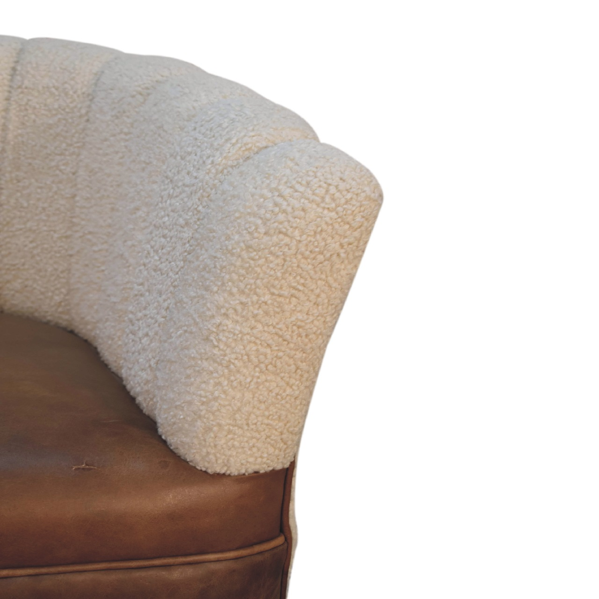 Artisan Furniture Solid Wood Boucle Armchair with Buffalo Leather Seat – Upholstered Accent Chair, Cream & Brown