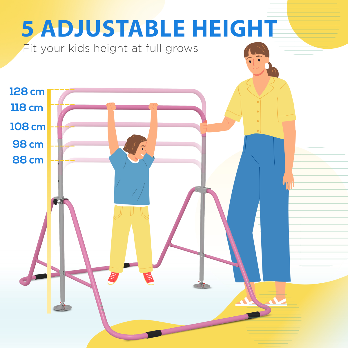 HOMCOM Kids Gymnastic Bar with Adjustable Height, Foldable Steel Training Bar for Indoor & Outdoor – Pink