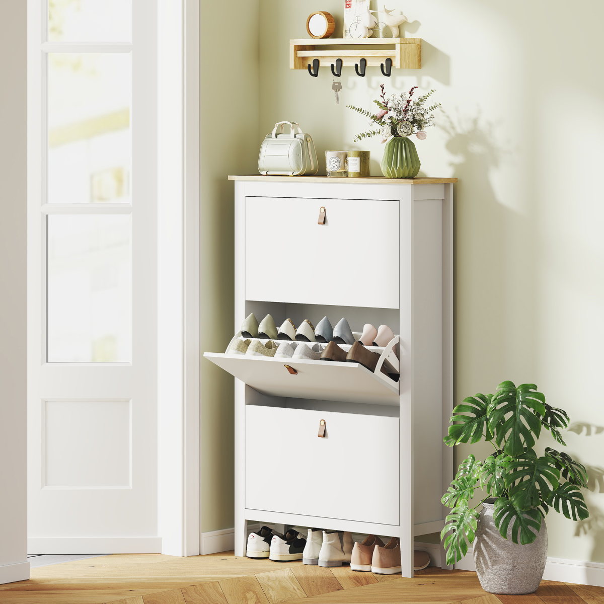 3-Drawer Shoe Cabinet with Flip Drawers for 21 Pairs – Slim Hallway Shoe Storage, White and Oak