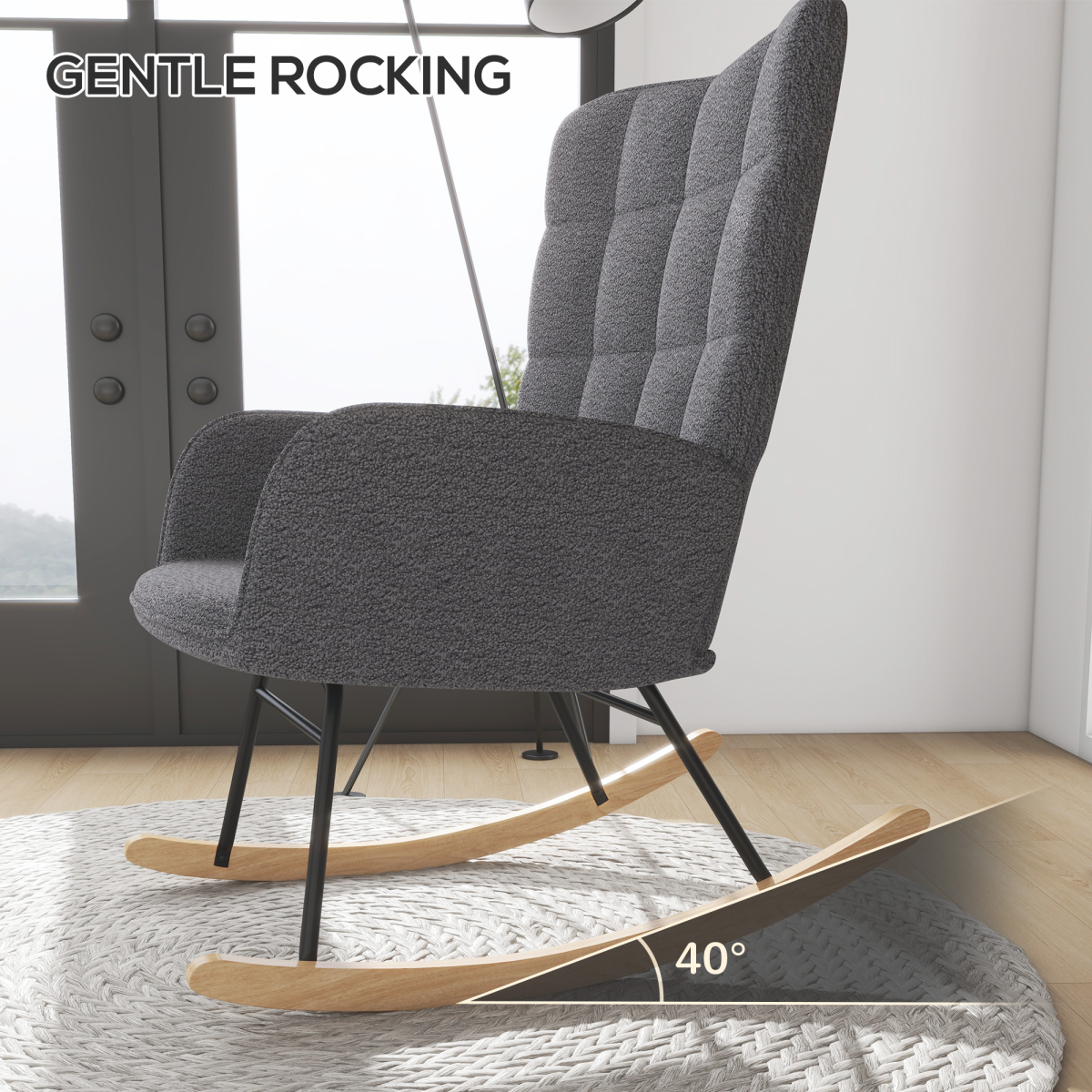 HOMCOM Wingback Nursing Rocking Chair with Curved Wooden Base and Fleece Upholstery – Grey