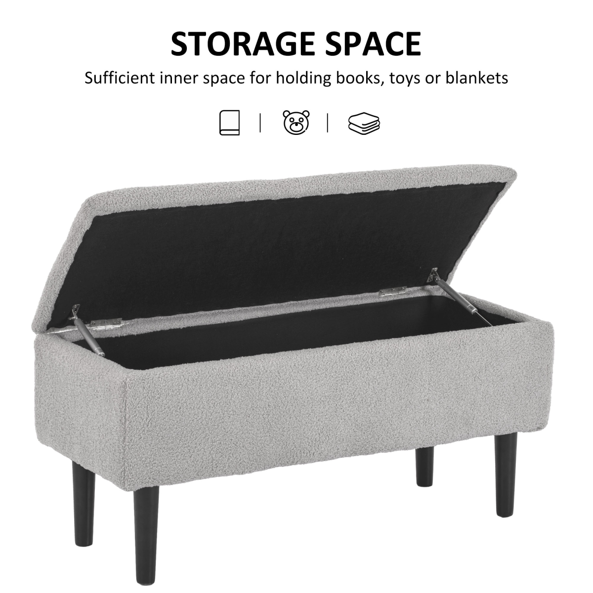 HOMCOM Ottoman Storage Box with Padded Lid and Wooden Legs, 47L – Bedroom and Hallway Seat, Grey
