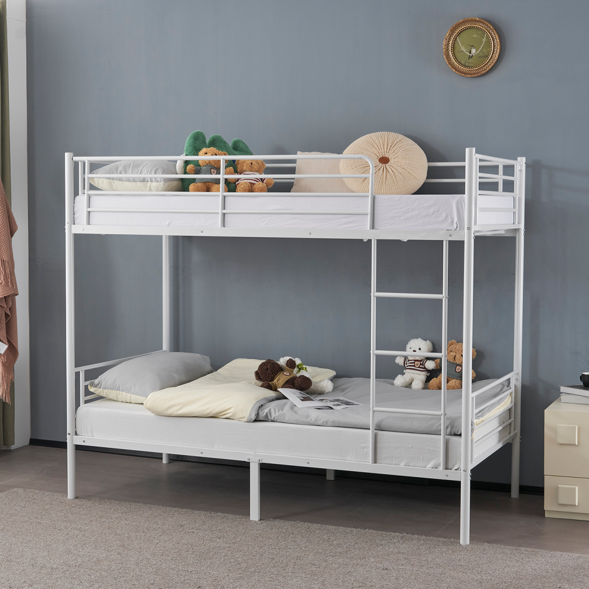 Twin Over Twin Metal Bunk Bed with Ladder, Full-Length Guard Rail & Under-Bed Storage – White