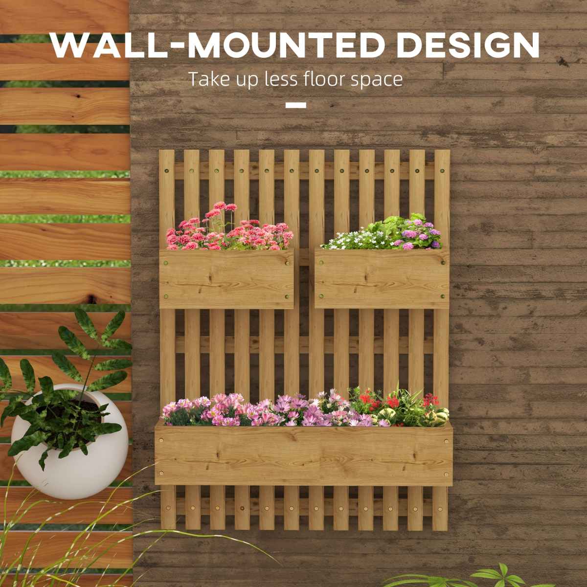 Outsunny Wall-Mounted Wooden Planters with Trellis – Raised Garden Beds for Climbing Plants, Carbonised