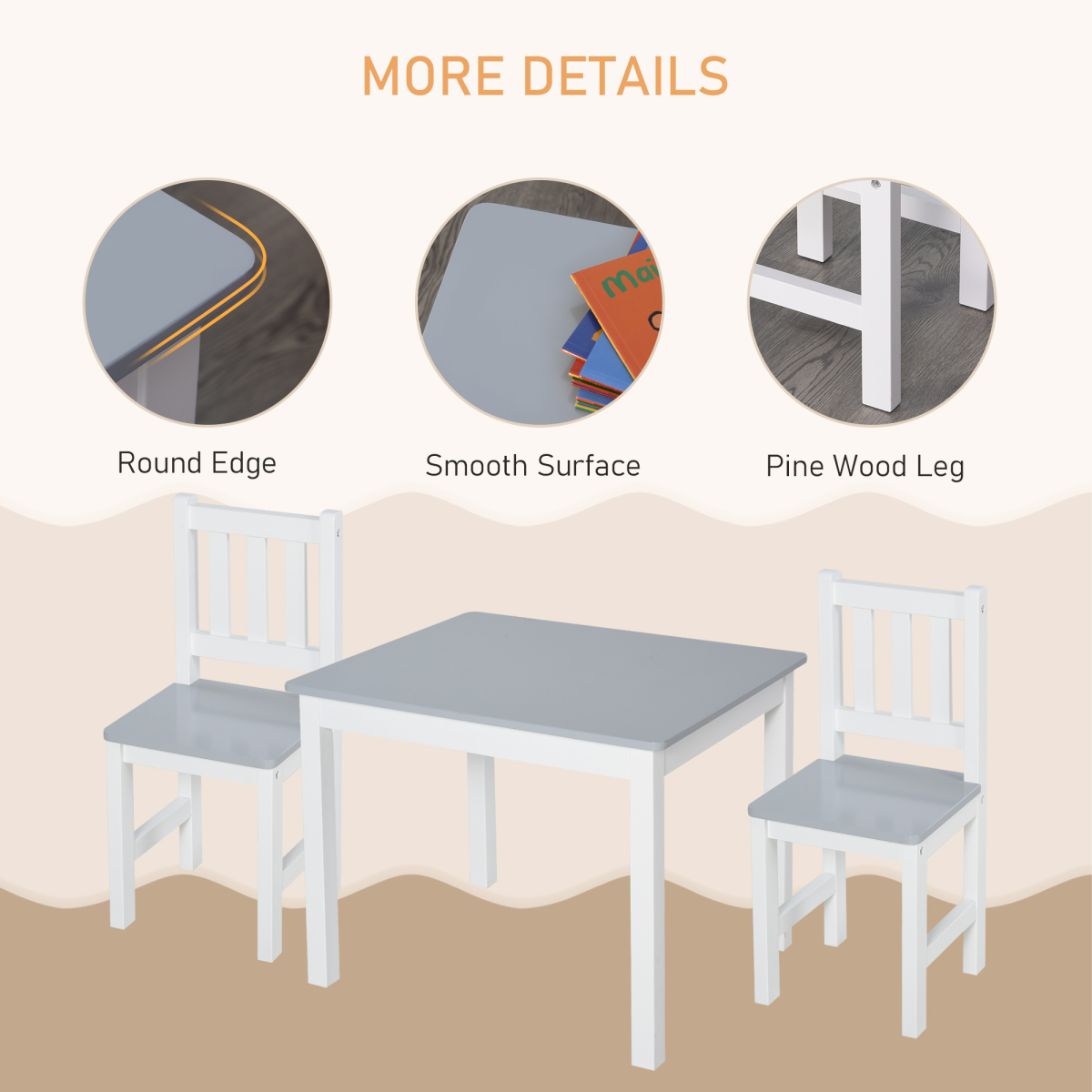 Kids Table and Chair Set, 3-Piece Wooden Table with 2 Chairs – Playroom Furniture for Ages 3+, Grey and White