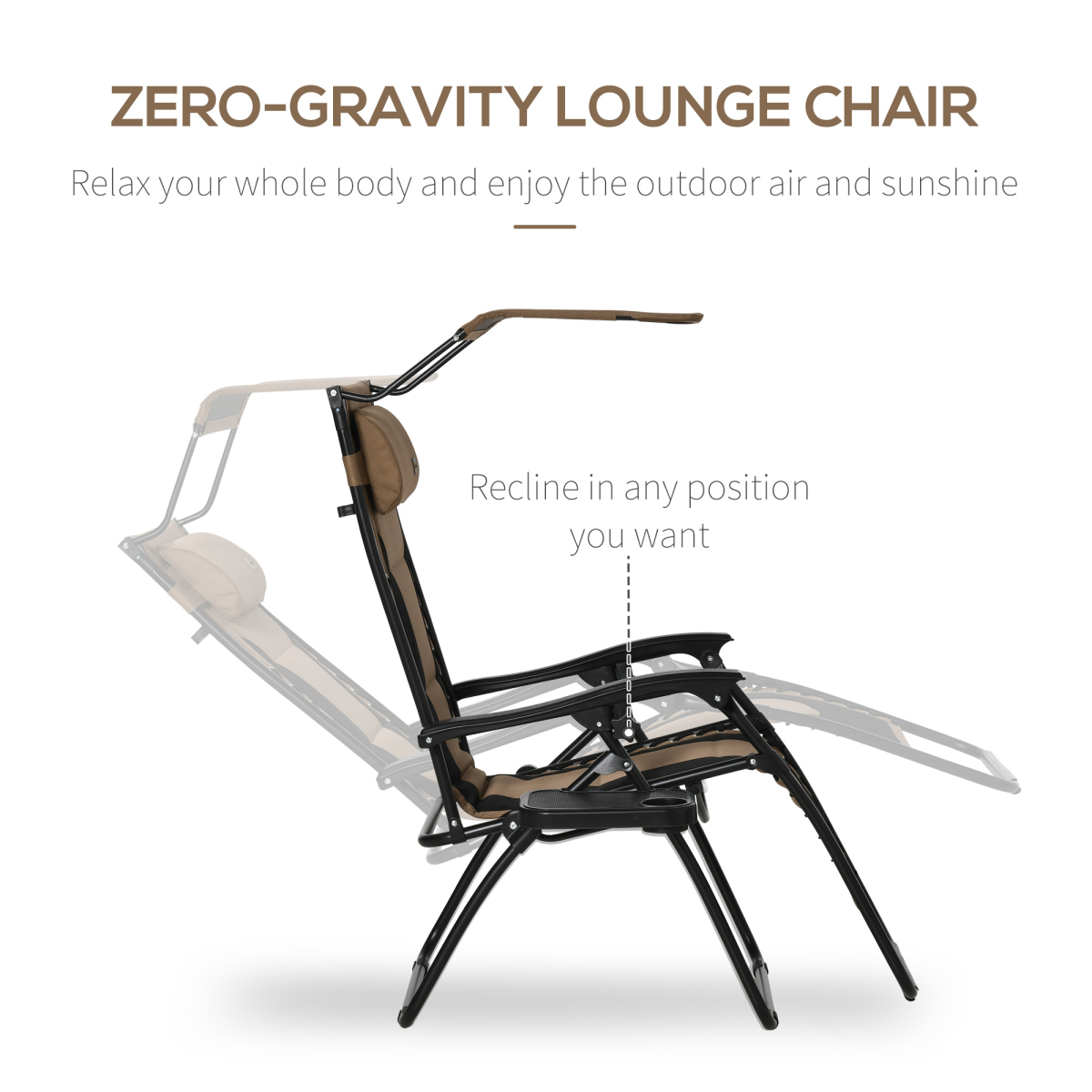 Outsunny Zero Gravity Lounger Chair with Canopy, Cup Holder Tray & Reclining Backrest – Patio Chair, Brown