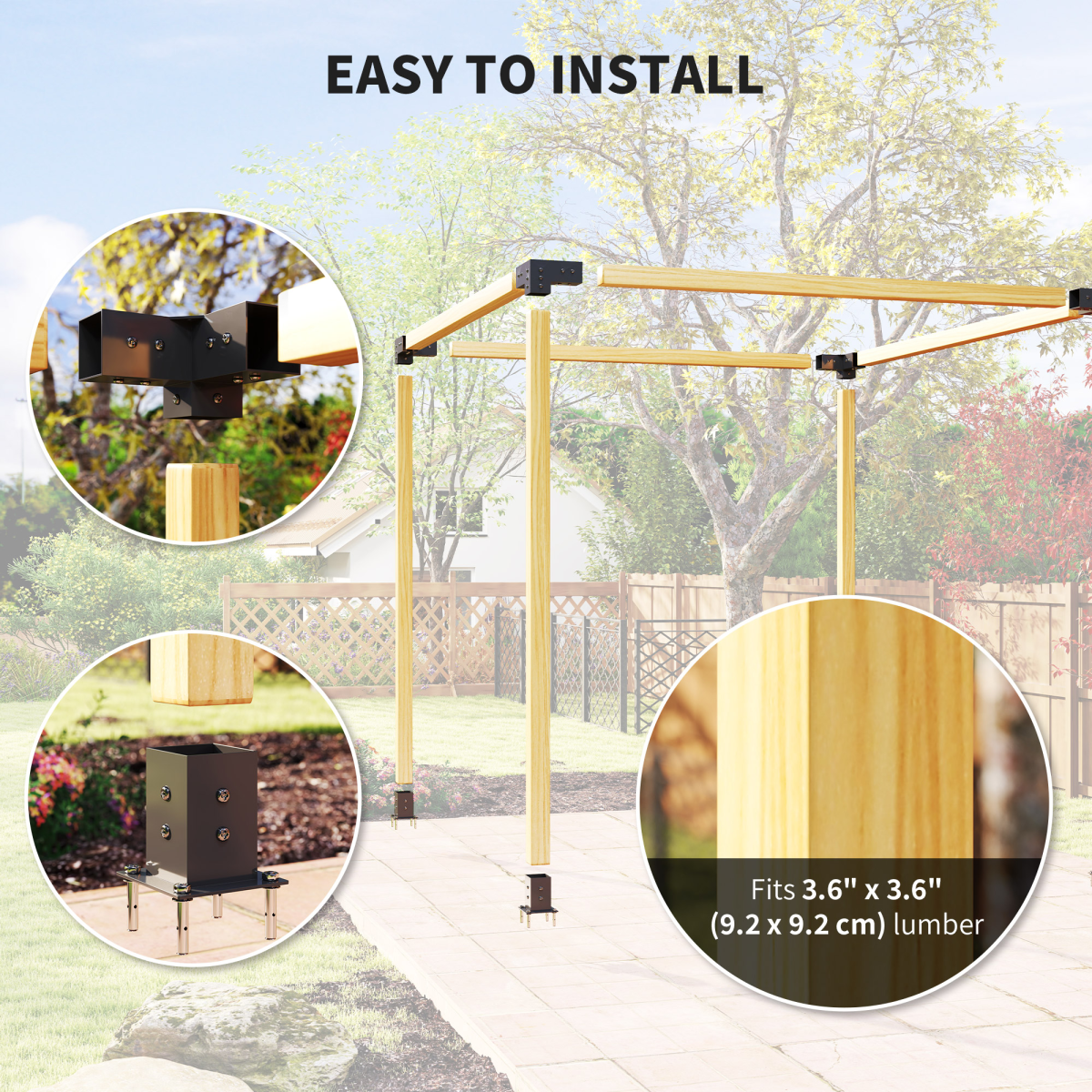 Outsunny Metal Pergola Kit with 3-Way Corner Brackets & Post Base for 92mm Lumber – Black