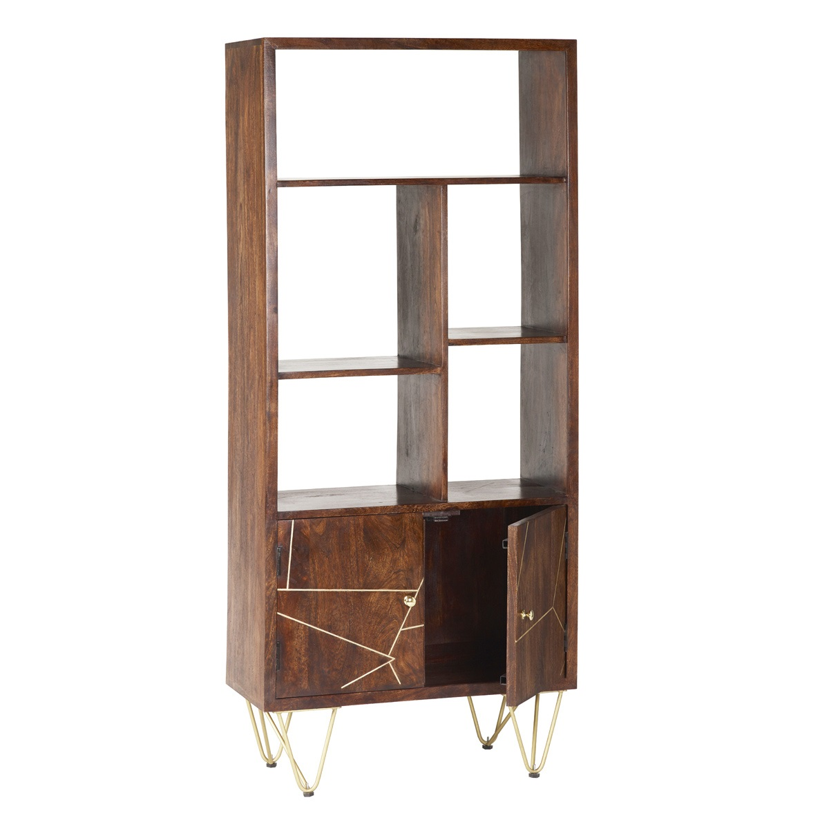 Indian Hub Large 2 Door Solid Wood Bookcase with Dark Gold Metal Inlay – Living Room Storage