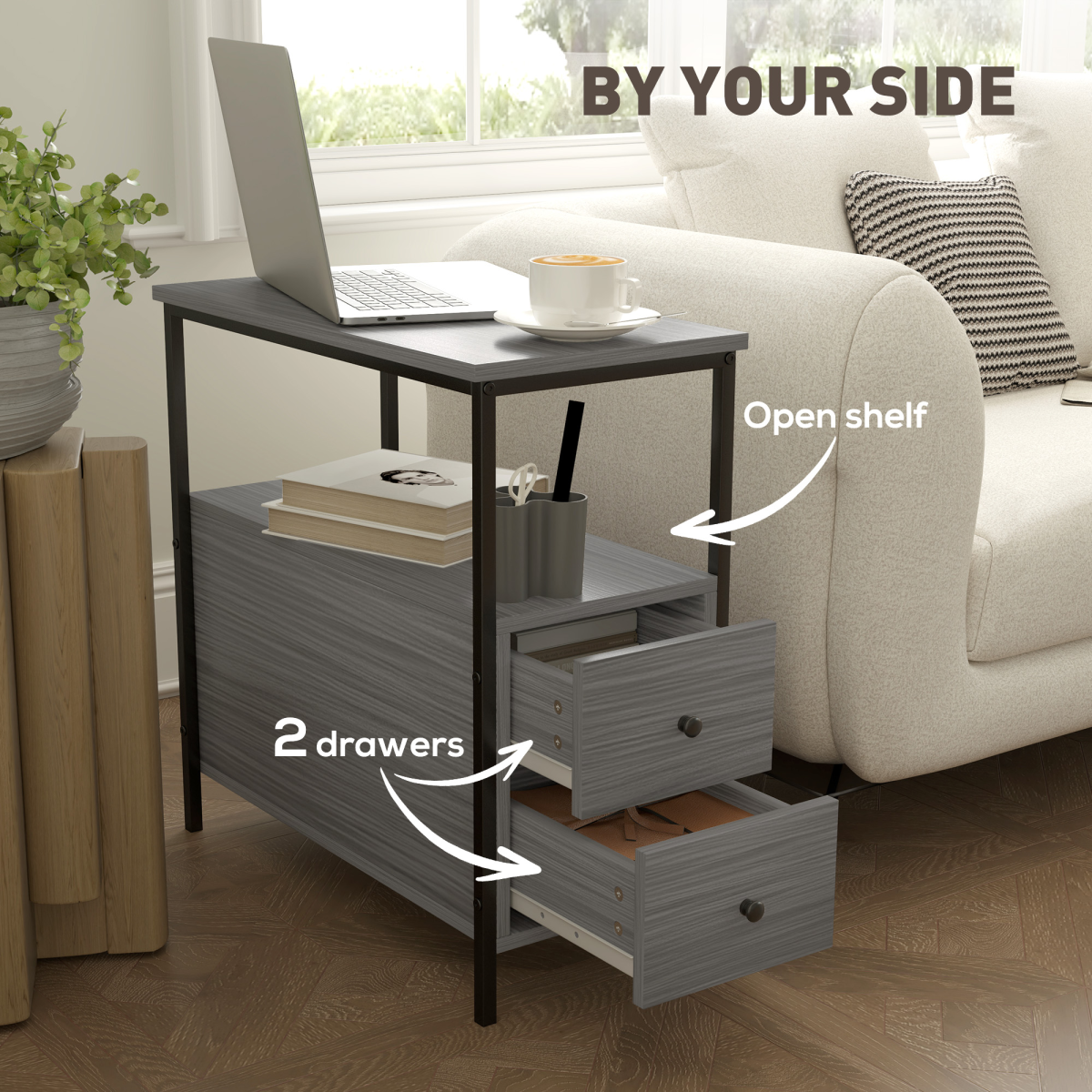 HOMCOM Narrow End Table with 2 Drawers and Storage Shelves – Industrial Sofa Side Table, Grey