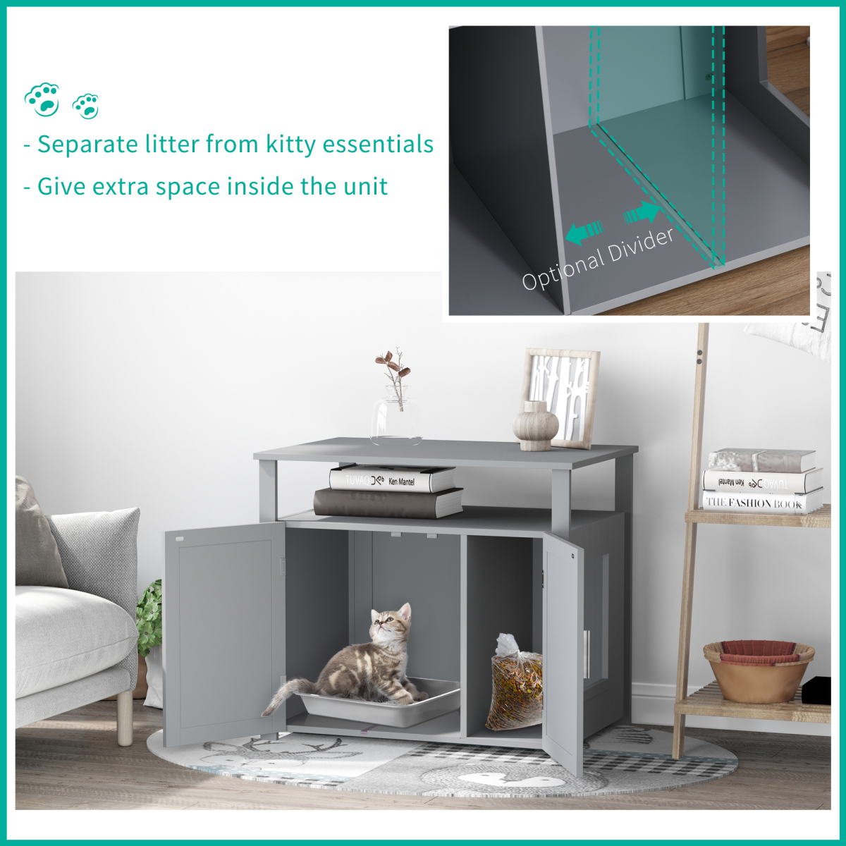 Pawhut Wooden Cat Litter Box Enclosure with Shelves and Magnetic Door – Cat House Furniture, Grey