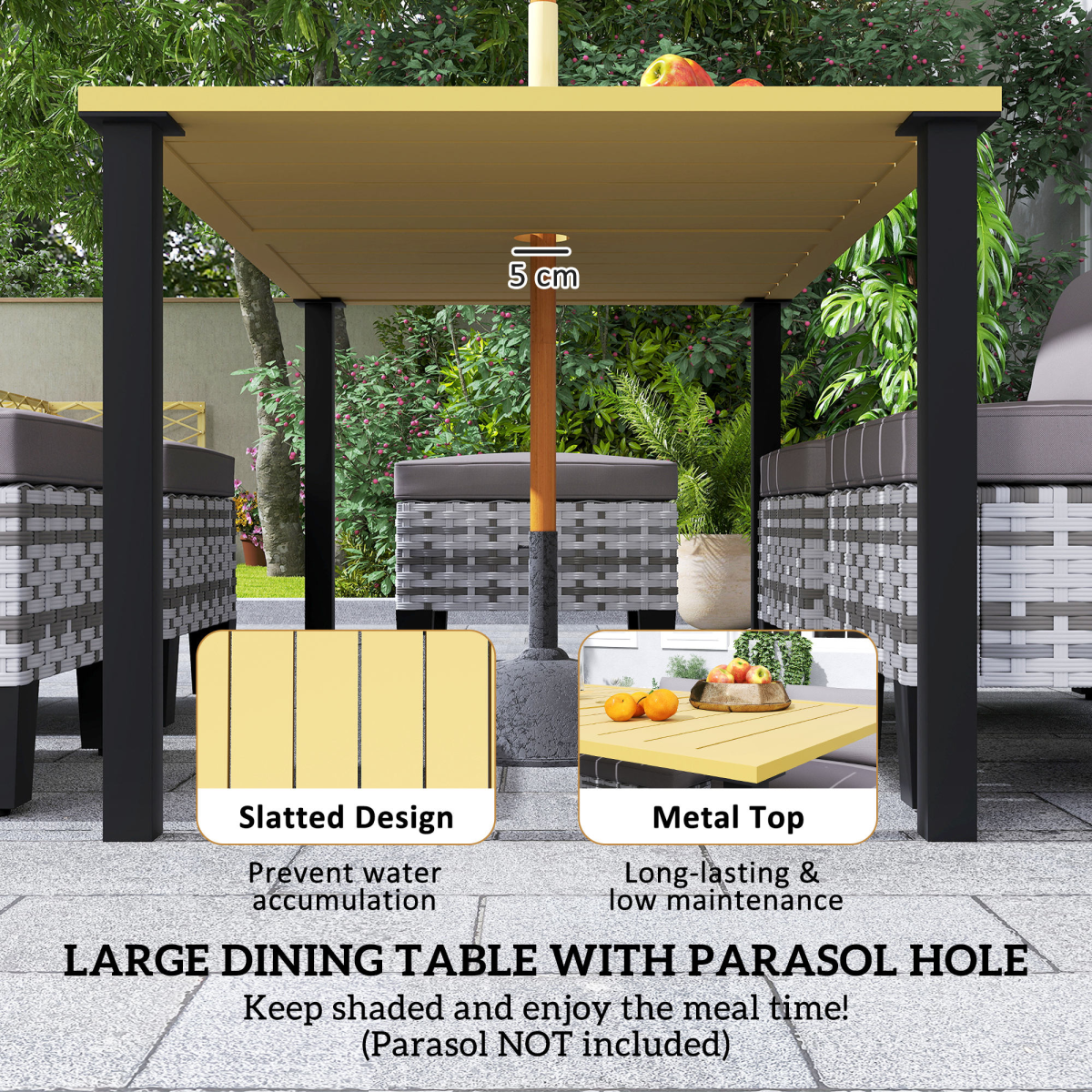 Outsunny 7 Piece Rattan Garden Dining Set with Cushions and Umbrella Hole – Outdoor Table, Chairs and Footstools, Grey