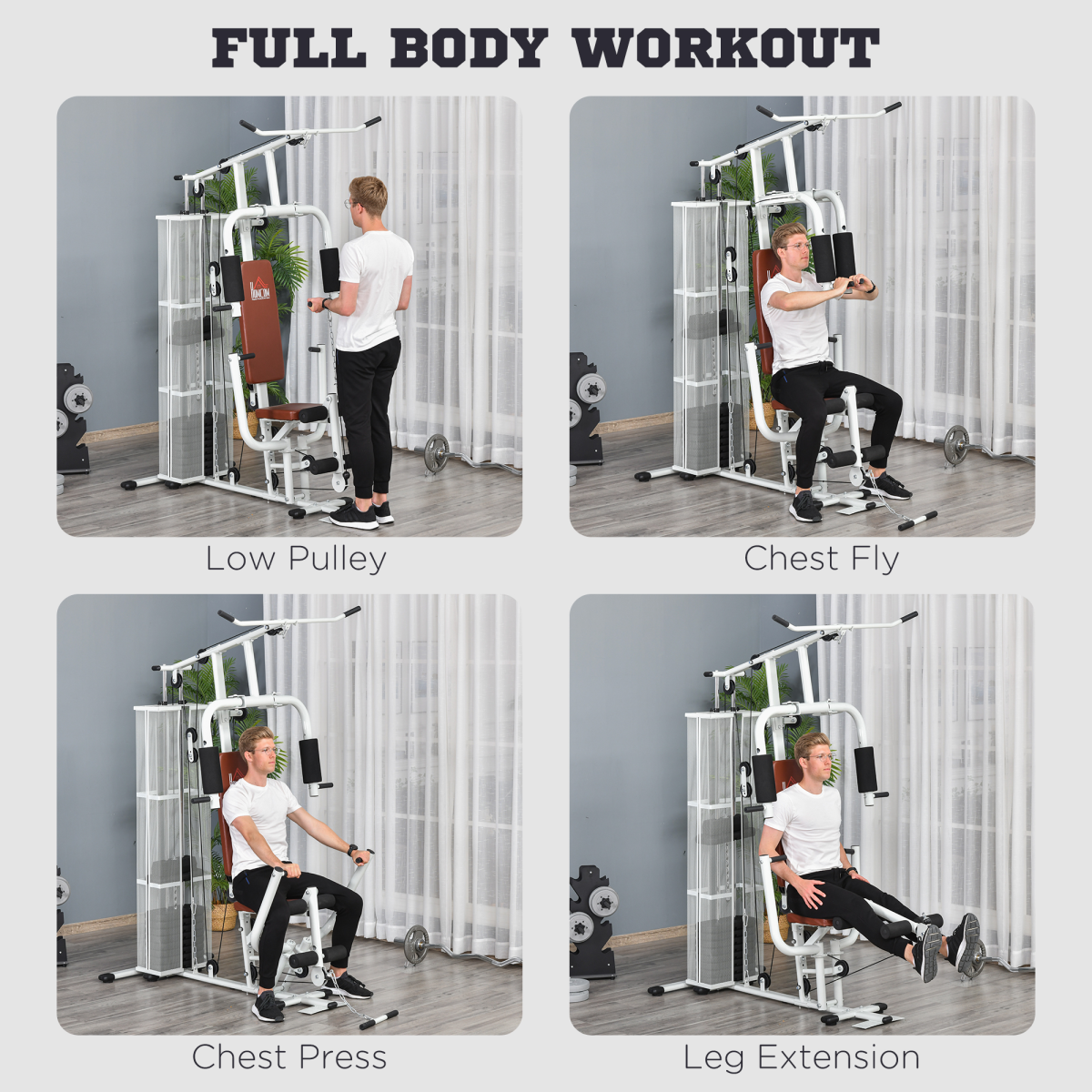 HOMCOM Multifunction Home Gym Station with 45kg Weight Stack – Full Body Strength Training Machine, White