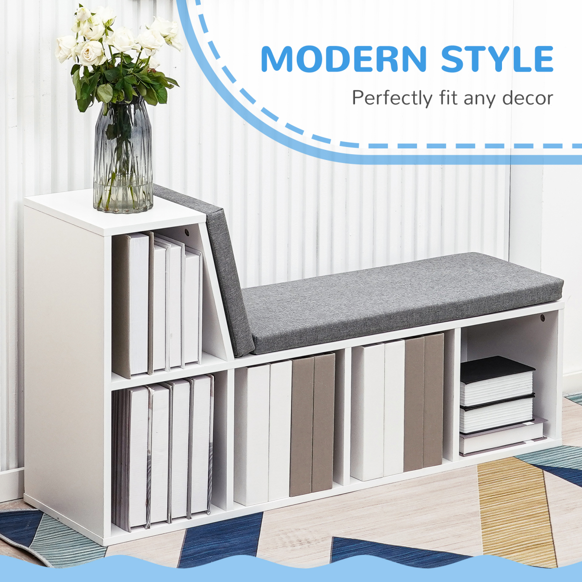 2-Tier Modern Bookcase with Removable Cushions – Storage & Bench Seat for Offices and Kids' Rooms, White