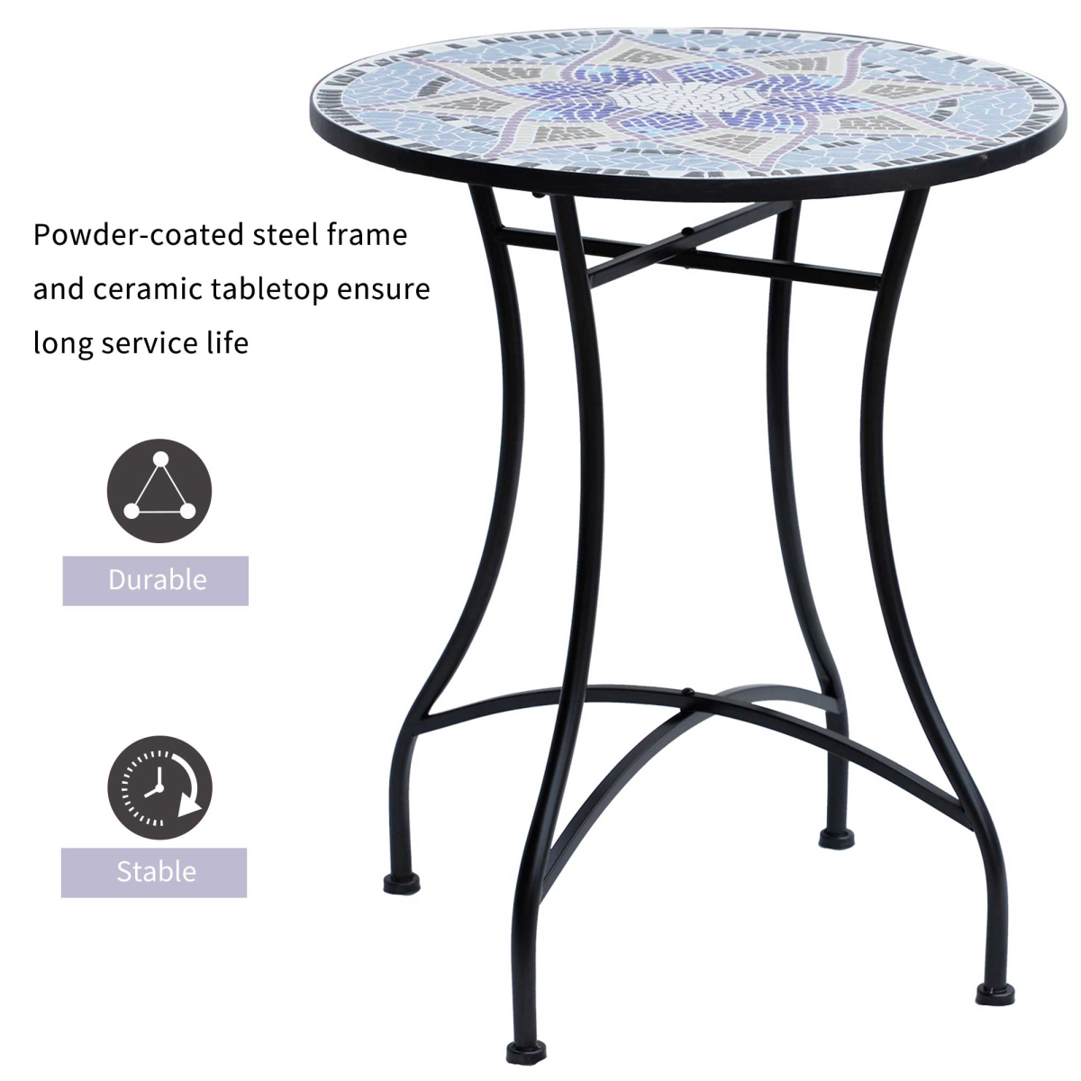 Outsunny Mosaic Round Patio Side Table with Ceramic Top, 60cm – Metal Frame Garden Table, Black/Blue/White