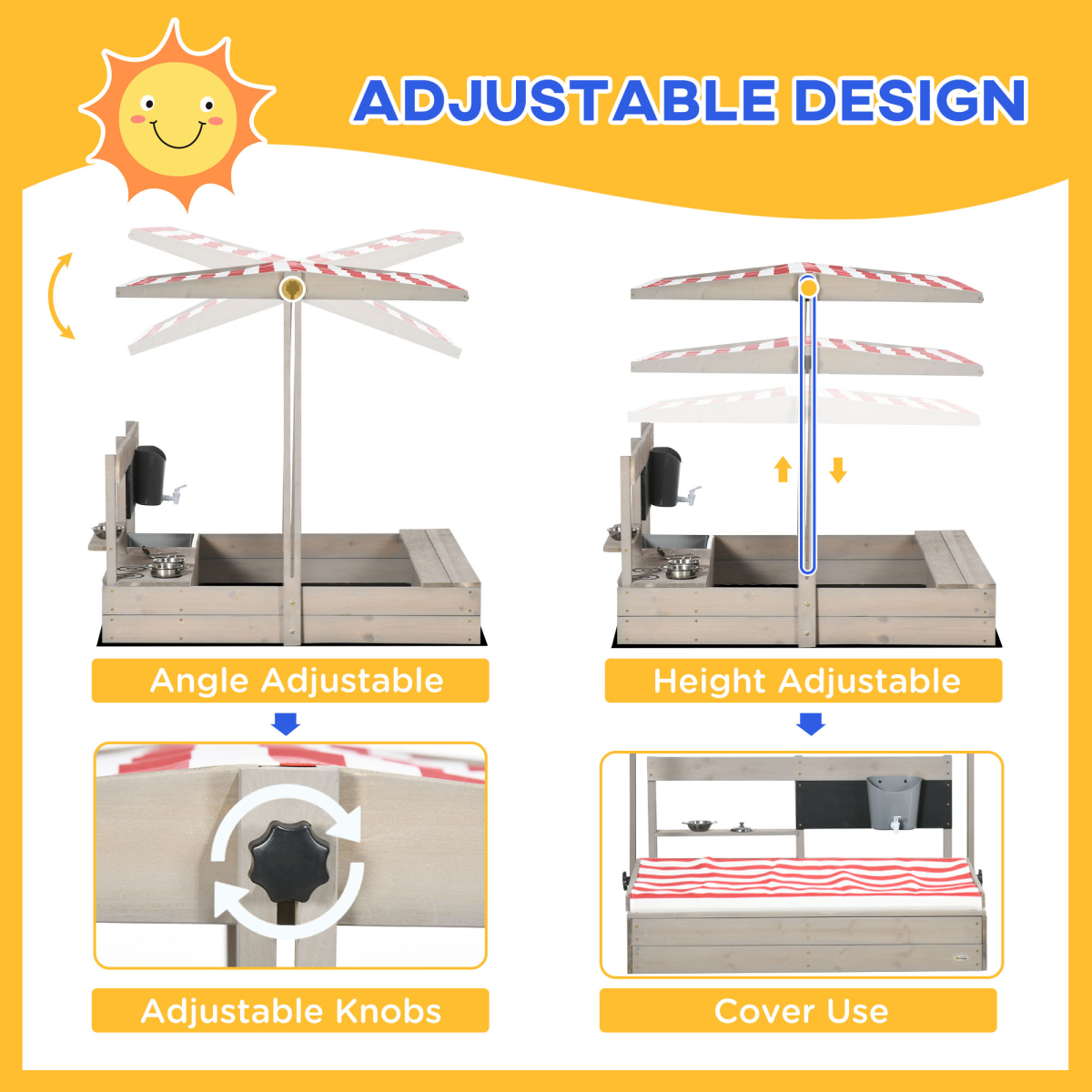 Outsunny Kids Wooden Sandbox with Canopy, Play Kitchen Accessories and Storage Shelf – Outdoor Sandpit