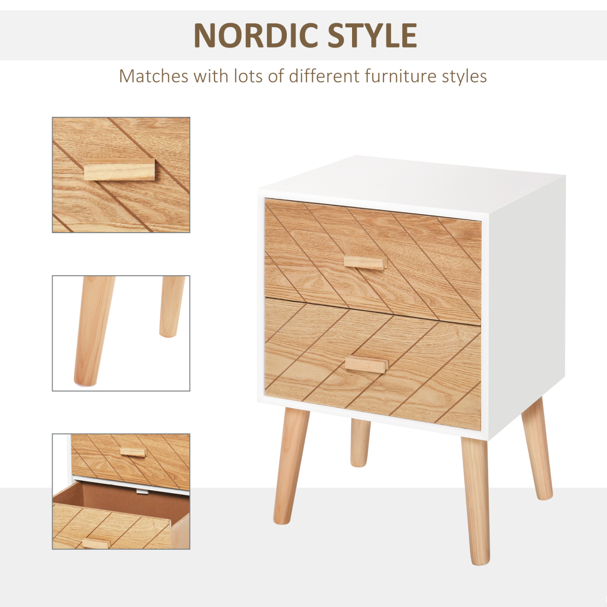 HOMCOM Nordic-Style 2-Drawer Wooden Bedside Table with Tapered Legs – Scandi Bedroom Storage