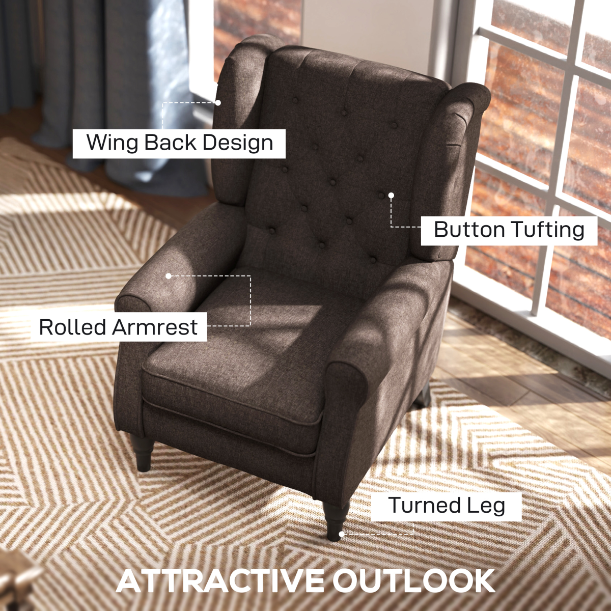 Retro Wingback Accent Armchair with Solid Wood Frame & Padded Seat – Vintage Living Room Chair, Brown
