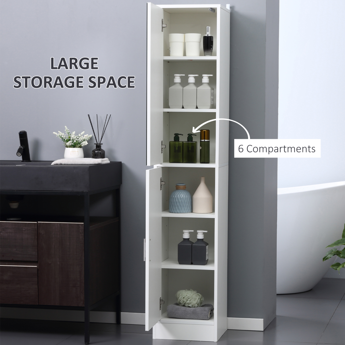 kleankin Slim Mirrored Tallboy Bathroom Cabinet with 5 Shelves – Space-Saving Storage, White
