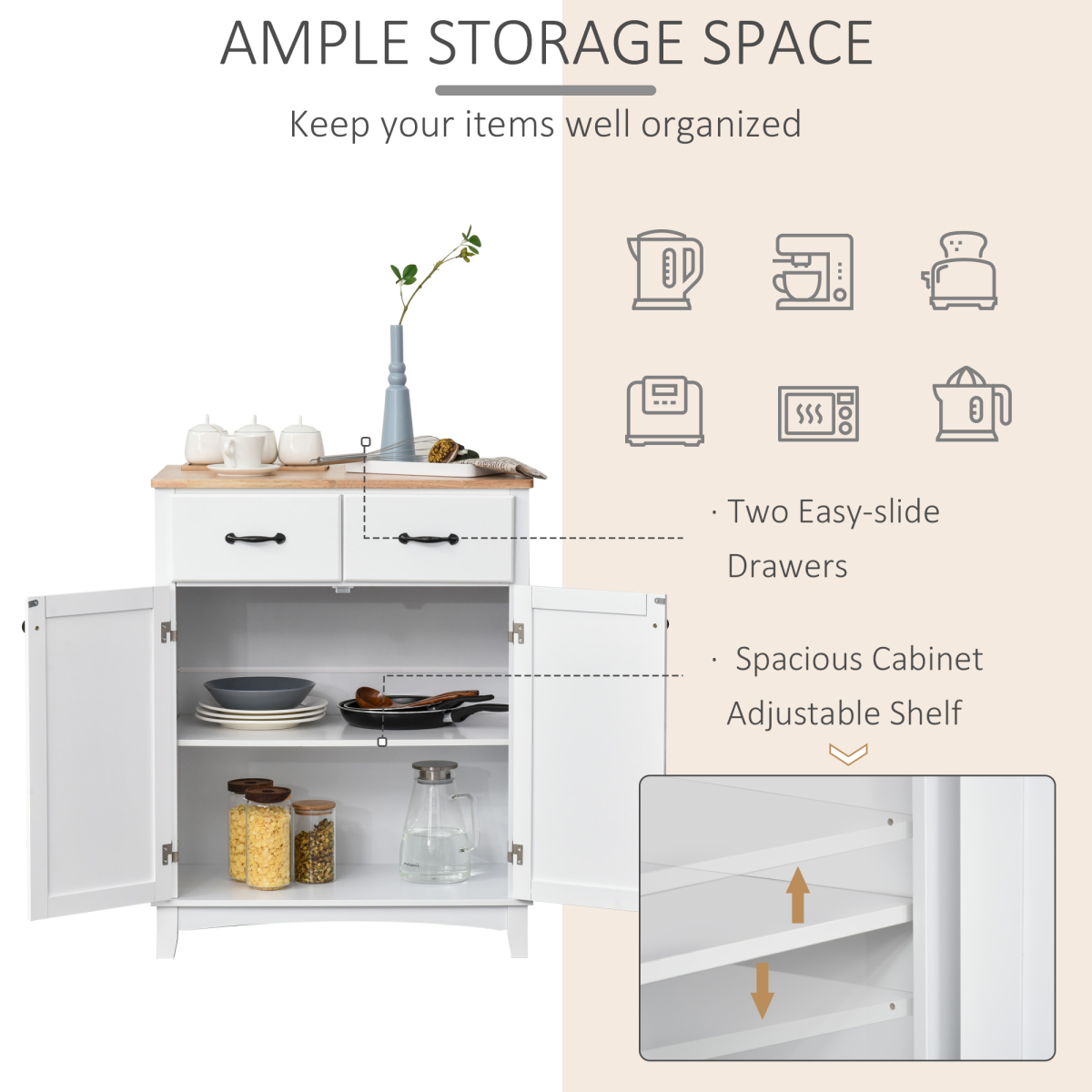 Kitchen Cupboard Storage Cabinet with Two Drawers & Adjustable Shelf – Kitchen and Dining Room Storage