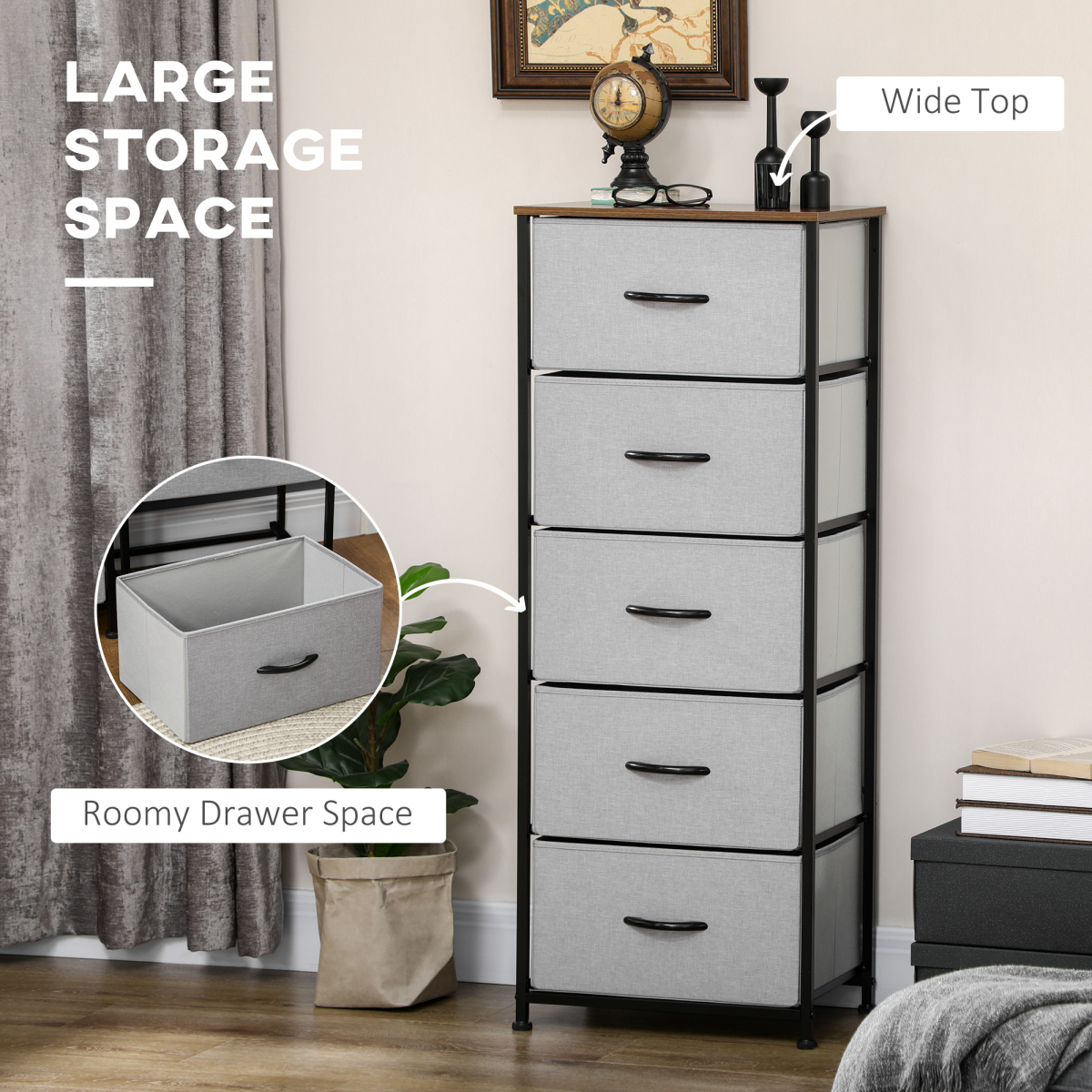 HOMCOM 5-Drawer Fabric Chest of Drawers with Steel Frame & Wooden Top – Bedroom Storage, Grey