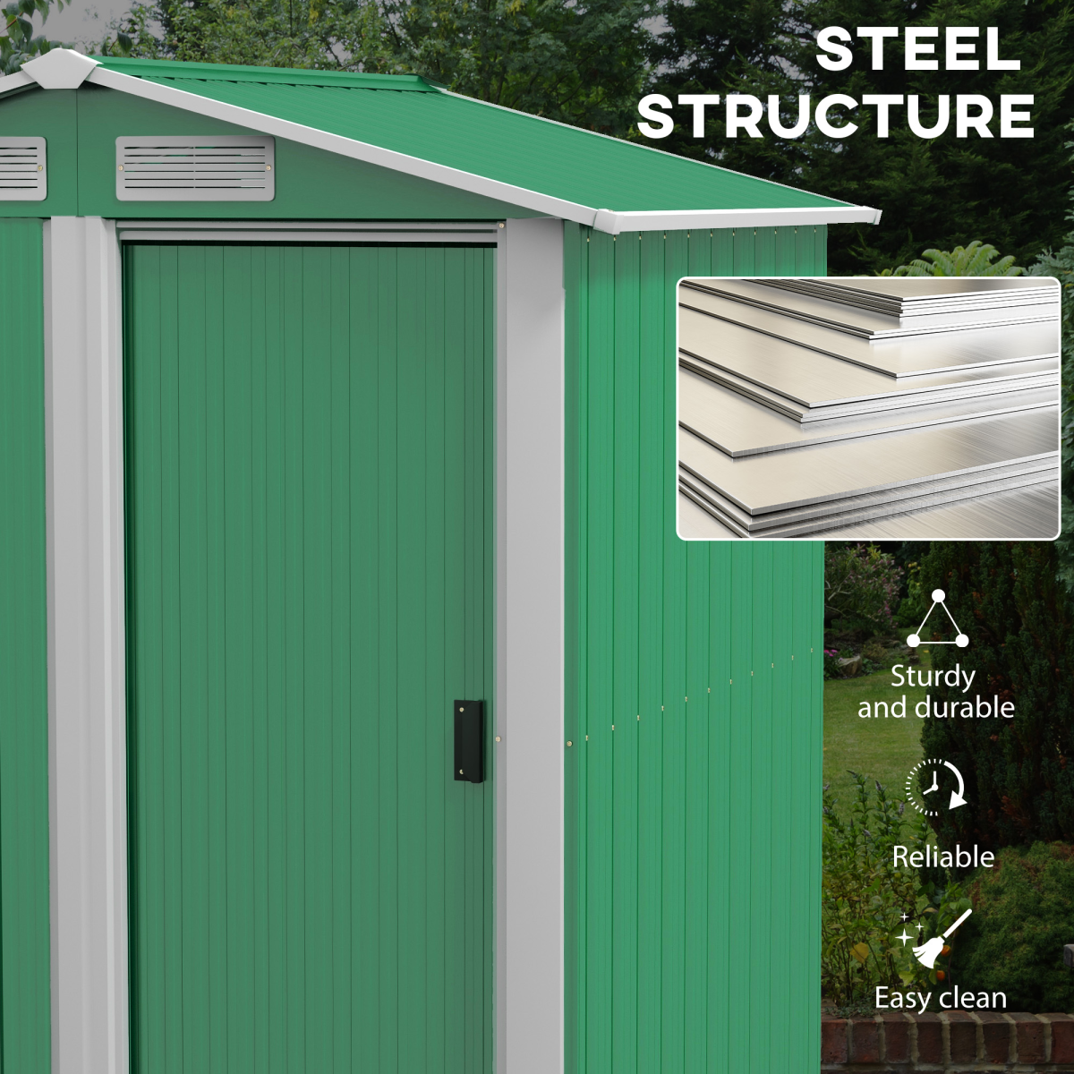 Outsunny 5ft x 4.3ft Metal Storage Shed with Sliding Door, Vents and Sloped Roof – Garden Storage, Green