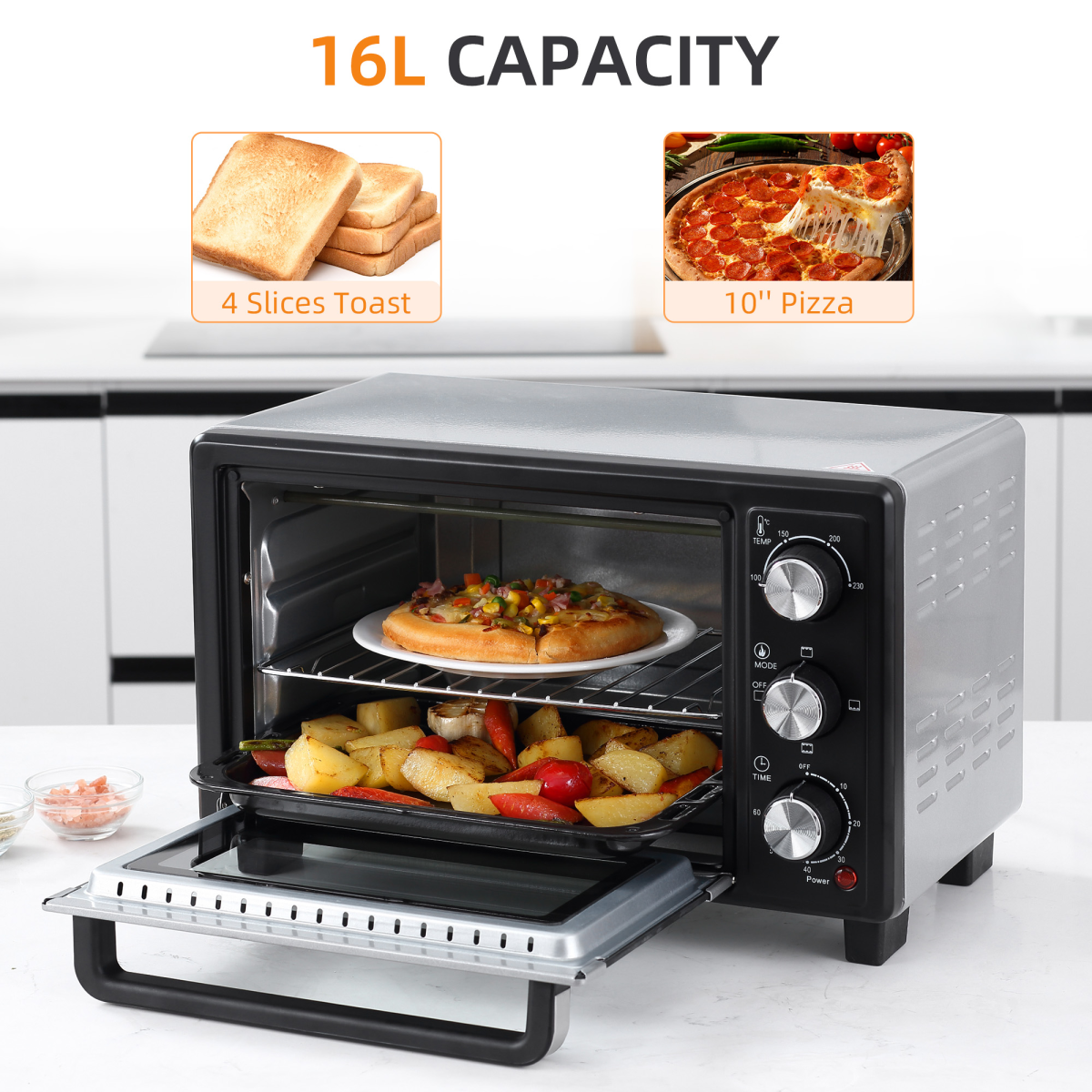 HOMCOM 16L Mini Oven with Grill, 1400W & 60-Minute Timer – Compact Toaster Oven, 100–230°C