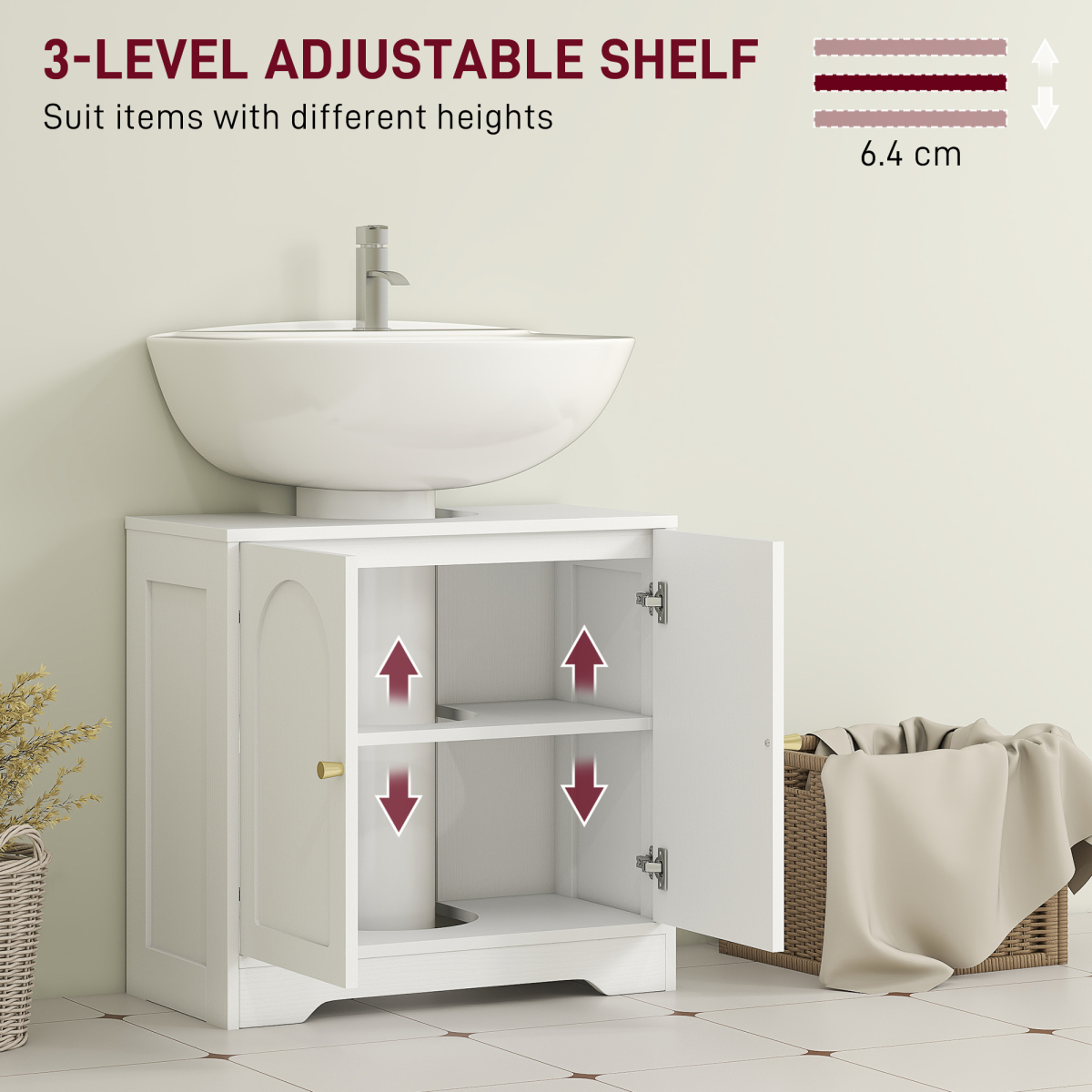 HOMCOM Modern Under Sink Cabinet with U-Shaped Cut-Out for Pedestal & Wall Basins – Bathroom Storage, White
