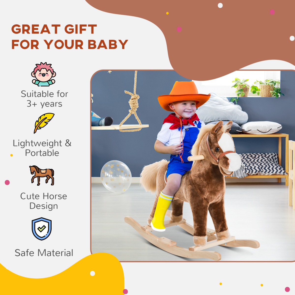 HOMCOM Kids Plush Rocking Horse with Wooden Base and Metal Frame – Ride-On Rocker Toy, Birthday Gift