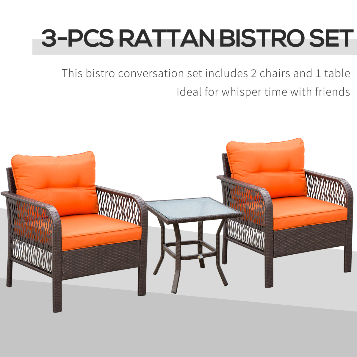 Outsunny 3-Piece Rattan Bistro Set with Tempered Glass Table & Padded Cushions – Patio Garden Furniture, Orange