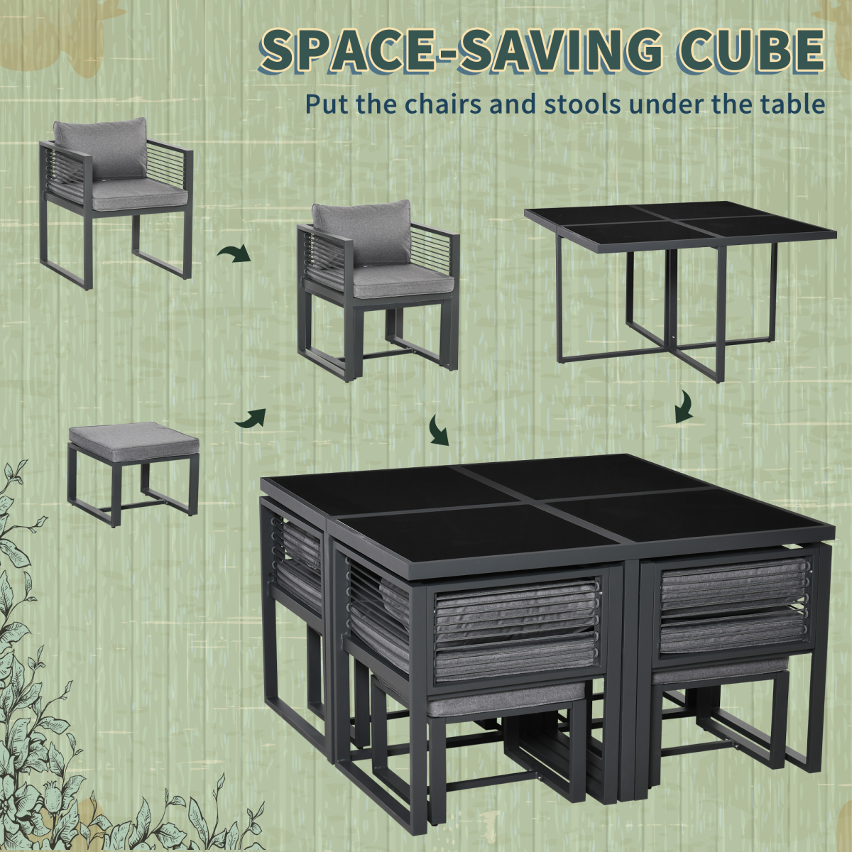 Outsunny 8-Seater Garden Dining Cube Set with Glass Table, 4 Armchairs & 4 Footstools – Cushioned, Grey