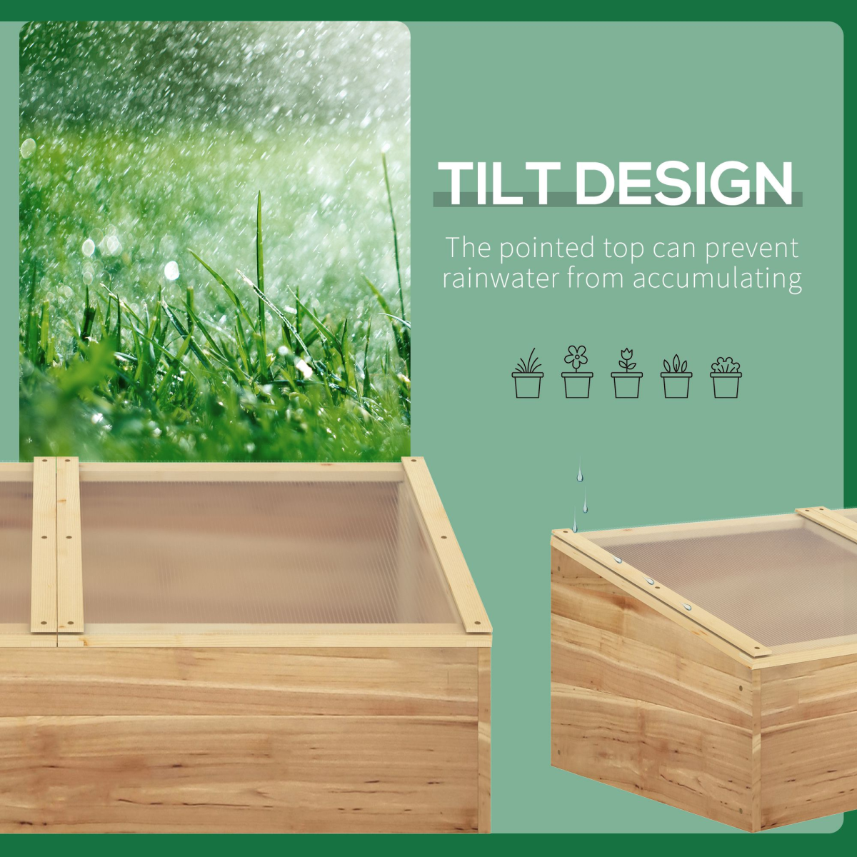 Outsunny Wooden Cold Frame Greenhouse with Polycarbonate Panels & Lifting Roof – 100 x 50 x 36cm, Natural