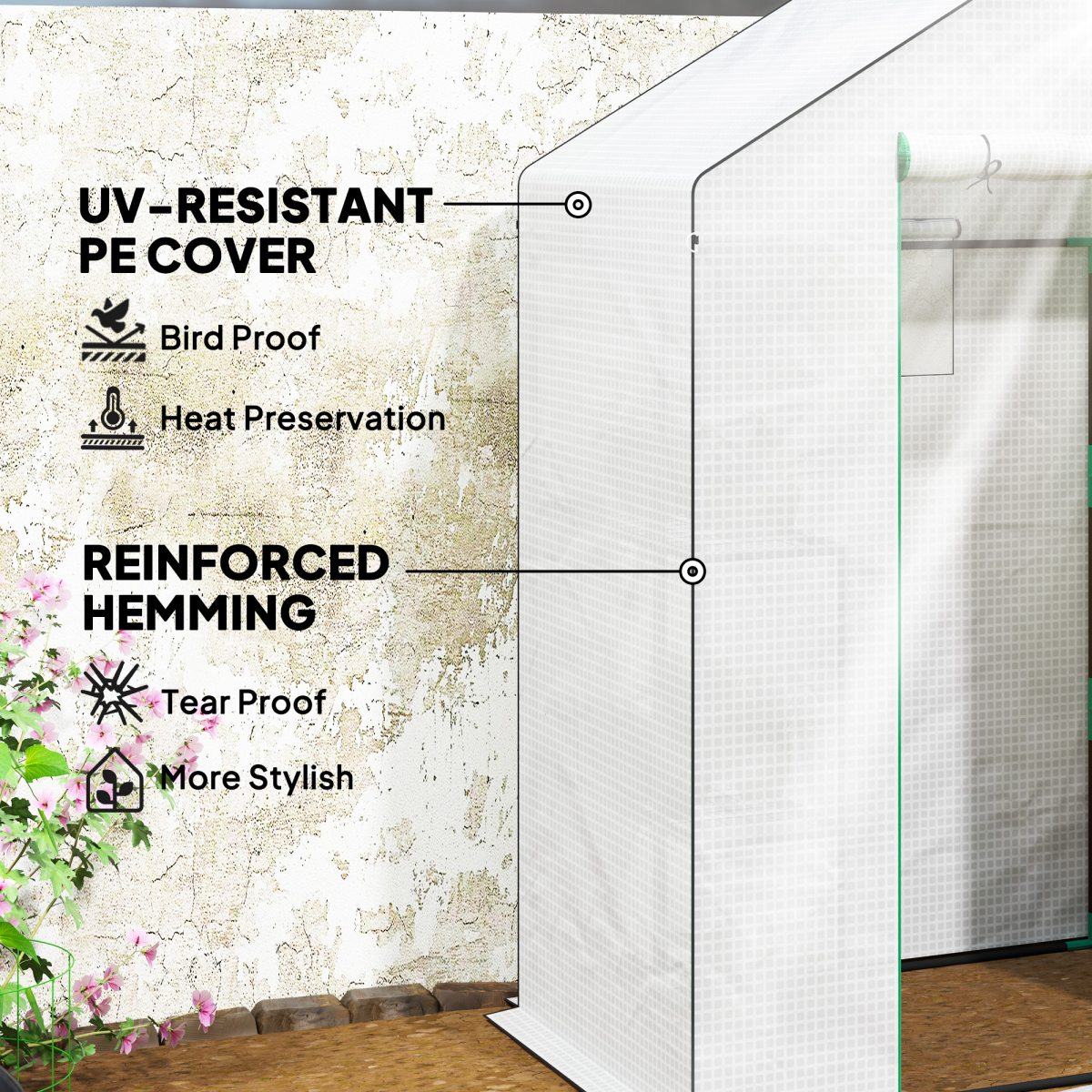 Outsunny Walk-in Greenhouse with 4 Shelves, UV-Resistant Cover & Roll-Up Zipped Door – Small Garden Greenhouse, White