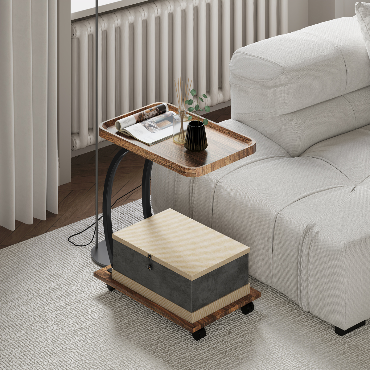 C-Shaped Side Table on Wheels with Tray Top & 2 Tiers – Sofa & Bed Side Table with Storage, Brown & Black