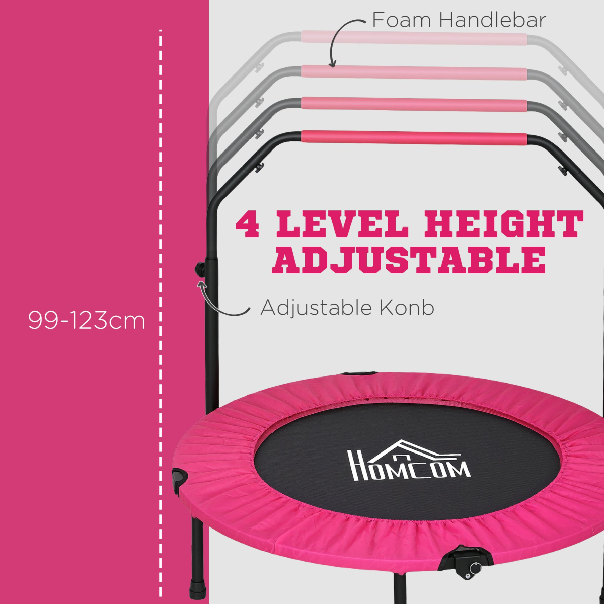 HOMCOM 40" Foldable Mini Fitness Trampoline with Foam Handle – 4-Level Adjustable Rebounder, Pink