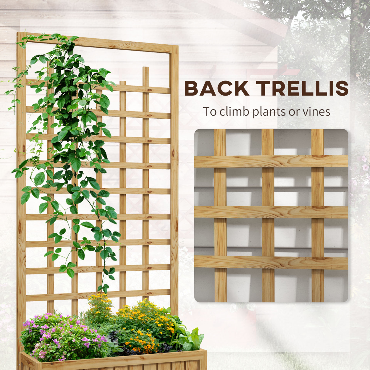 Outsunny Wooden Trellis Planter Raised Bed with Wheels & Liner, 54L – Climbing Plants, Natural Wood