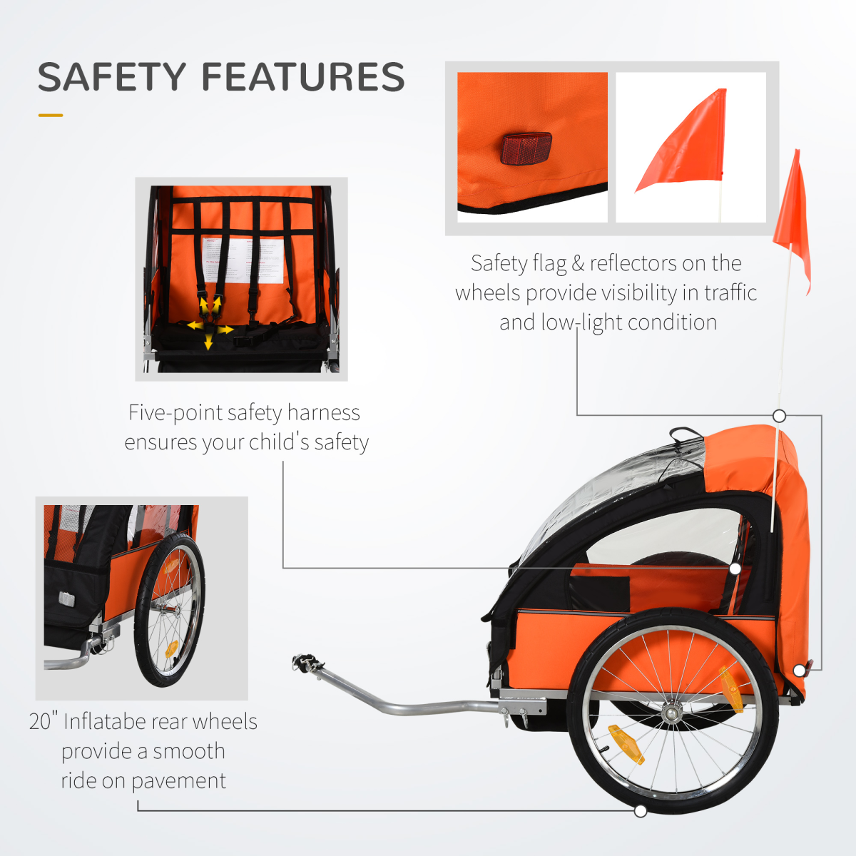 HOMCOM 2-Seat Child Bike Trailer with Steel Frame, Five-Point Harnesses & Roll-Up Door – Kids Trailer, Orange