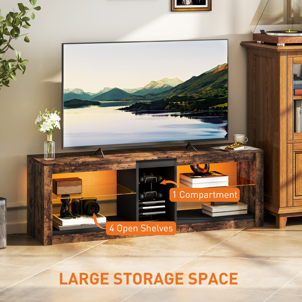 HOMCOM TV Stand with LED Lights & Remote Control – Entertainment Centre for TVs up to 65 Inch, Rustic Brown