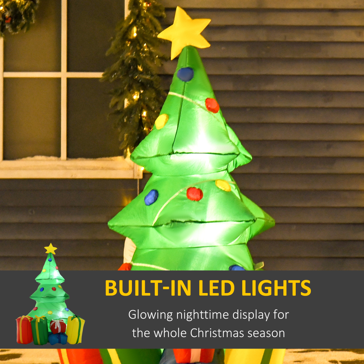 HOMCOM 5ft Inflatable Christmas Tree with Ornaments and Presents, LED Lit – Air Blown Outdoor Lawn Decoration