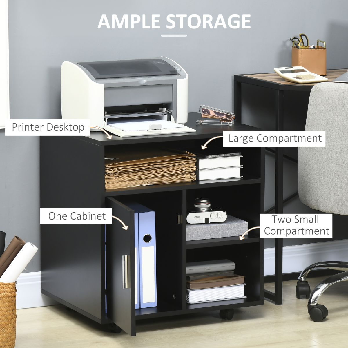 HOMCOM Multi-Storage Printer Unit with 5 Compartments and Lockable Wheels – Mobile Office Organiser, Black