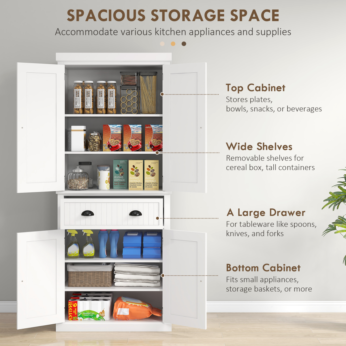 HOMCOM Freestanding Kitchen Cabinet with Slide-Out Drawer, Cupboards & Adjustable Shelves – Pantry Storage, White