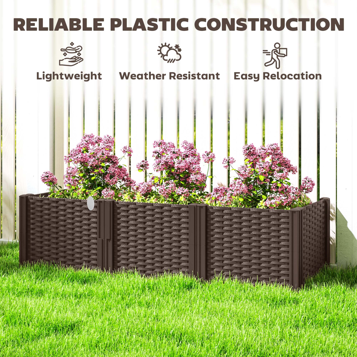 Outsunny Modular Plastic Planter Box Kit – Raised Bed or Garden Fence for Flowers and Herbs, Brown