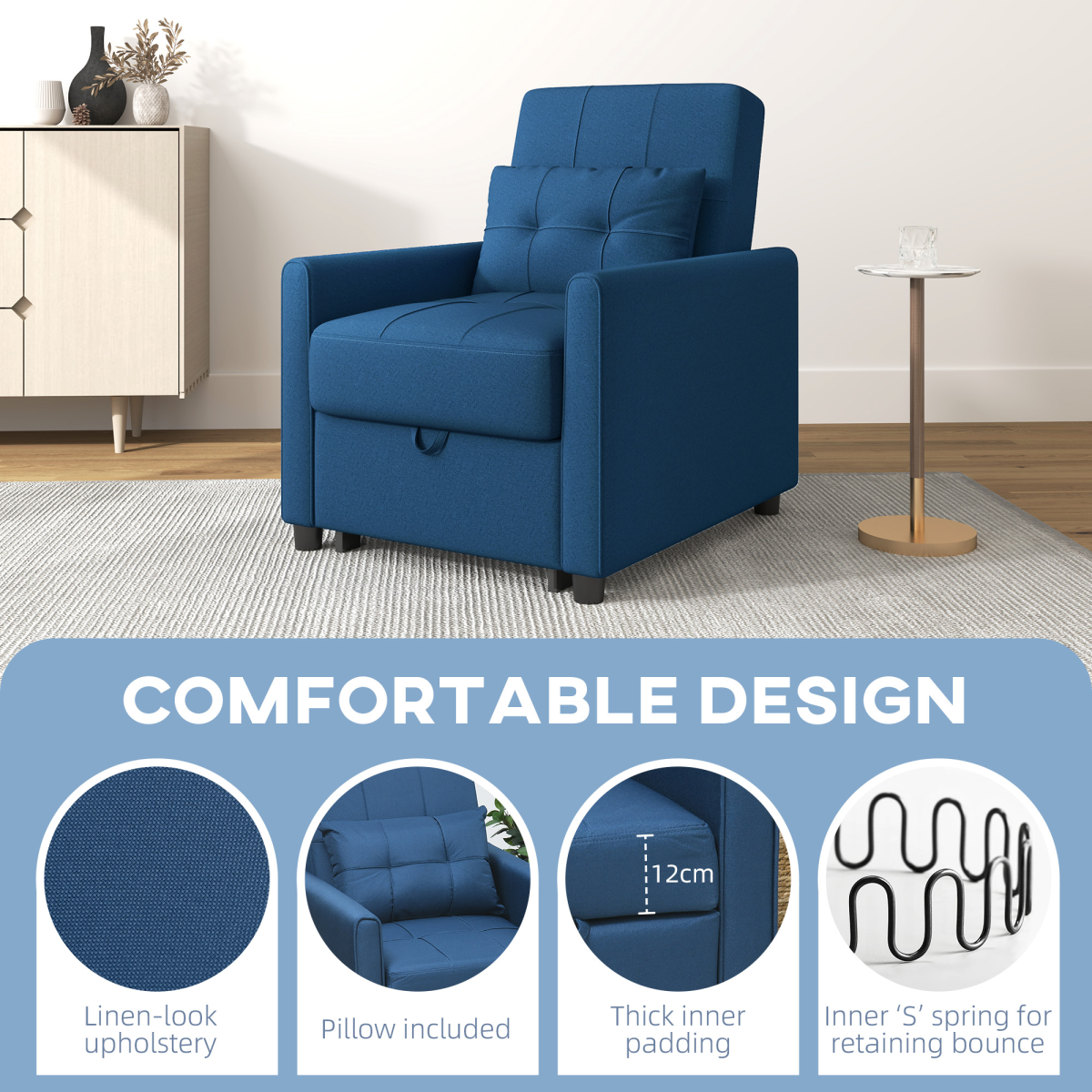 HOMCOM Pull Out Chair Bed with 3-Level Adjustable Back, Pillow & Side Pockets – Sleeper Chair, Blue