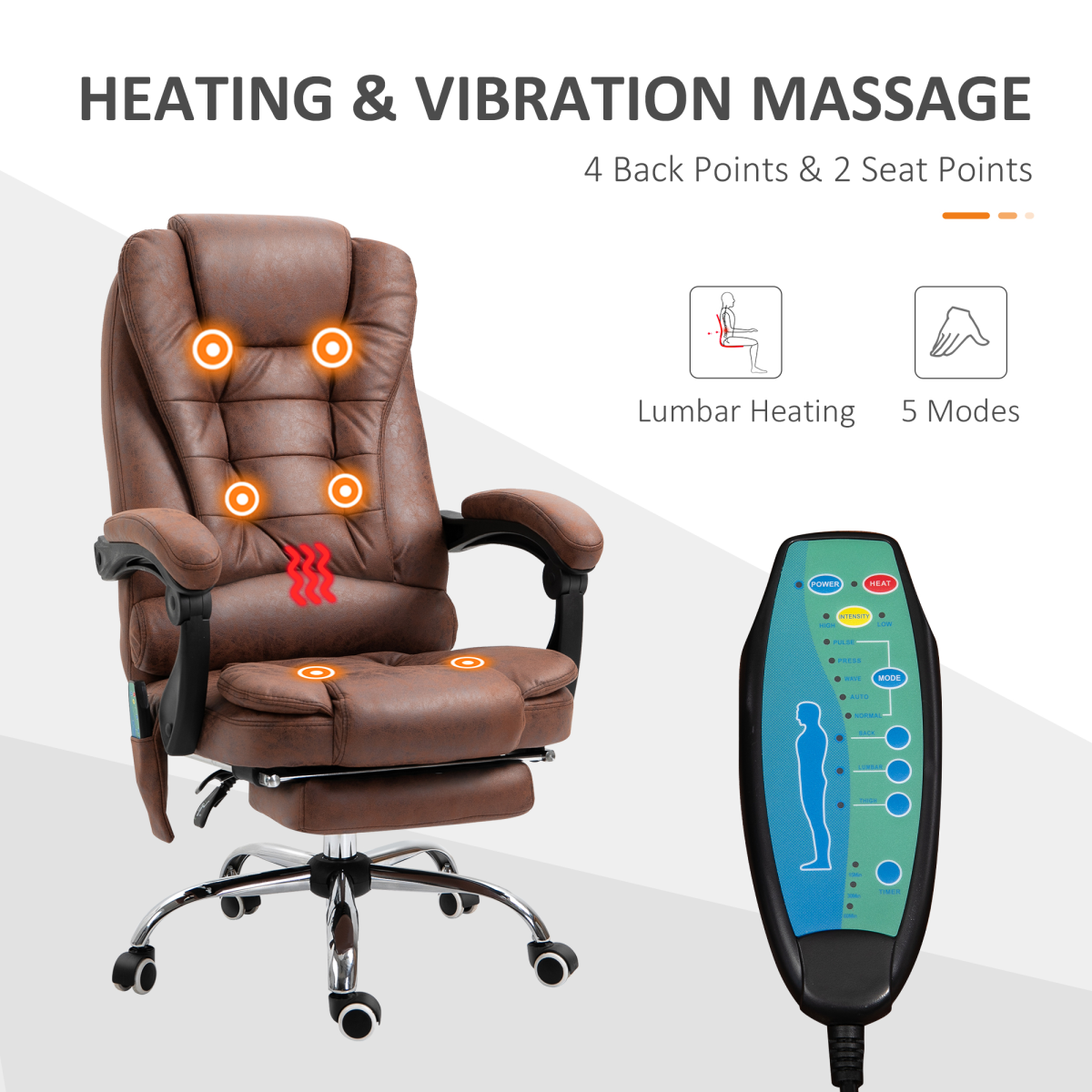 Vinsetto Heated Massage Office Chair with 6 Vibration Points & Footrest – Reclining Home Office Chair, Brown